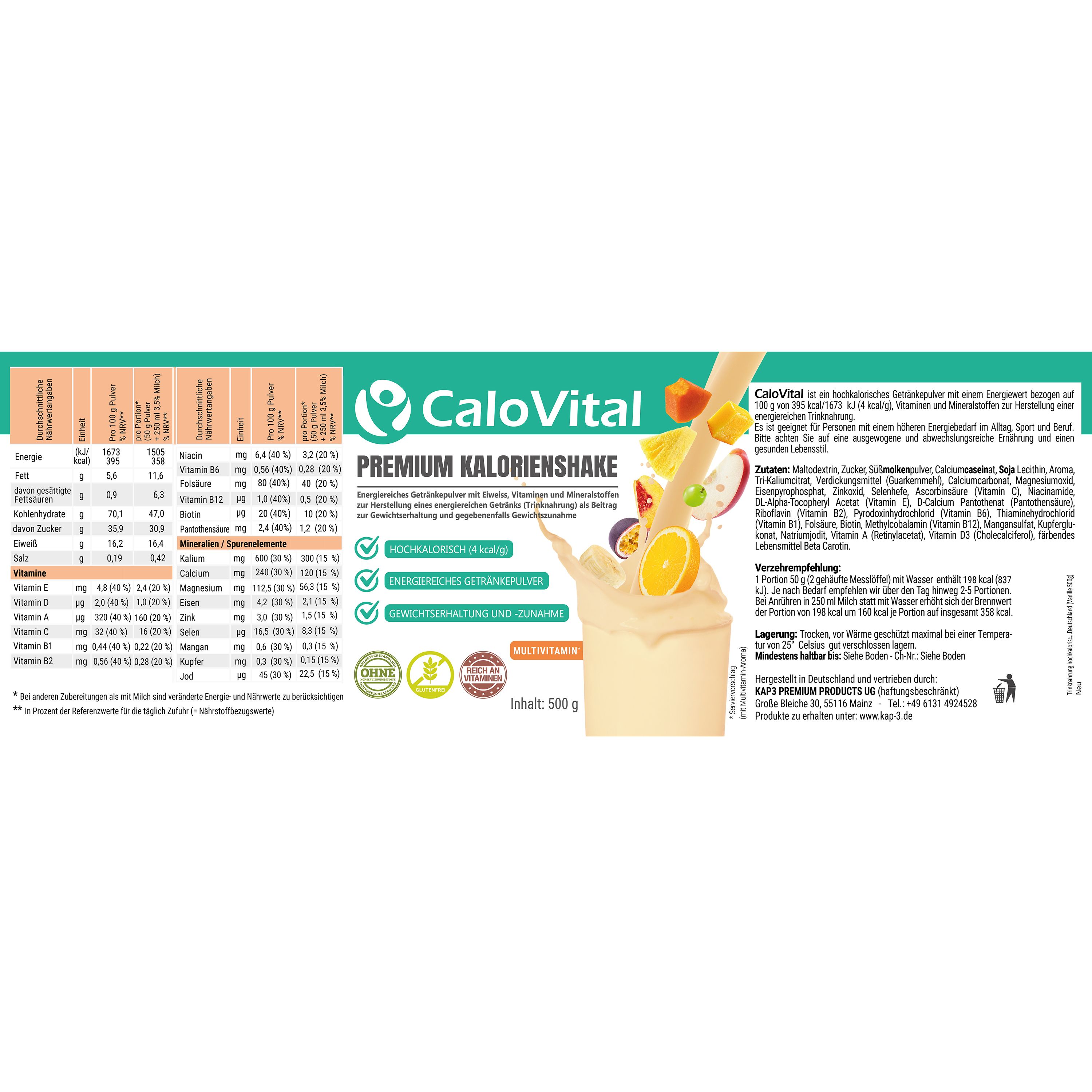 Produktetikett mit Informationen zu CaloVital Premium Kalorienshake. Nährwertangaben, Zutaten, Zertifizierungen und Logos.