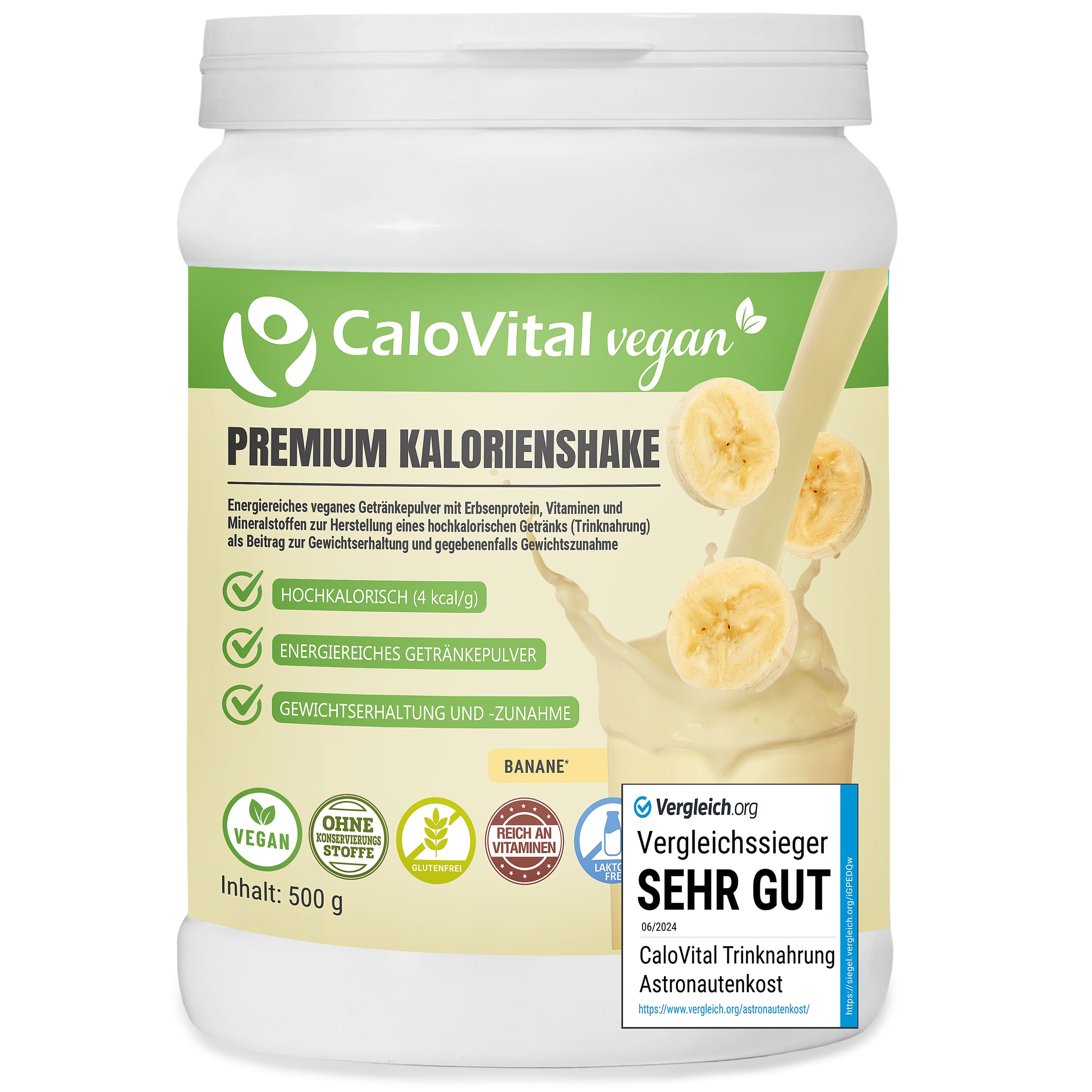 Weißer Behälter mit CaloVital vegan Premium Kalorienshake. Bananengeschmack. Siegel: Sehr gut von Vergleich.org. Vegan, ohne Zusatzstoffe, glutenfrei.