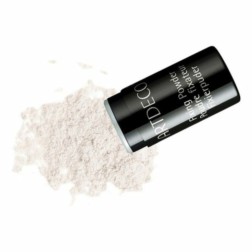 Schwarze Dose, Fixing Powder wird ausgeschüttet. Aufschrift: ARTDECO, Fixing Powder, Poudre fixante, Fixierpuder.
