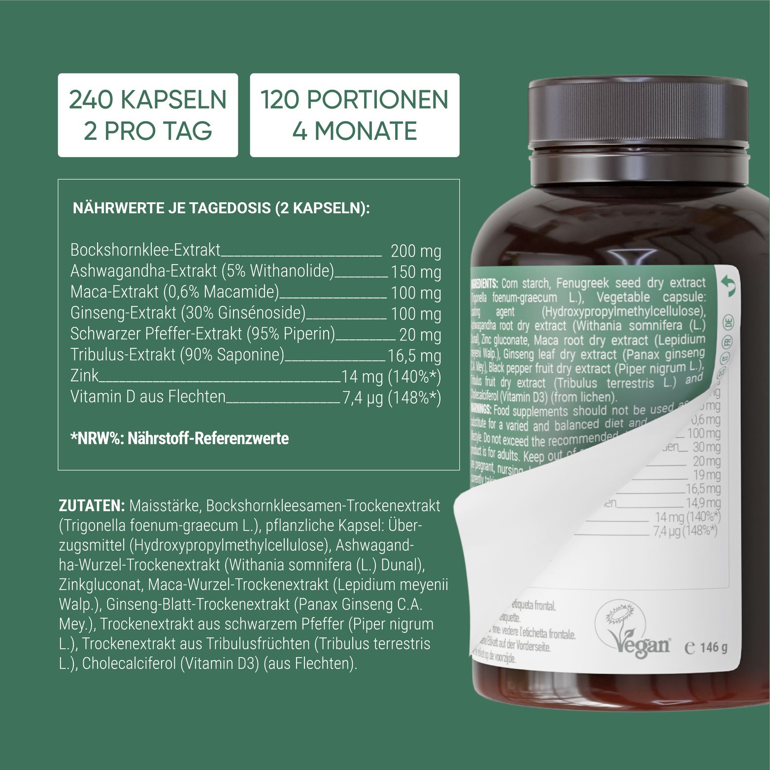 Flasche mit Etikett, das Dosierung, Inhaltsstoffe und Nährwertangaben zeigt.