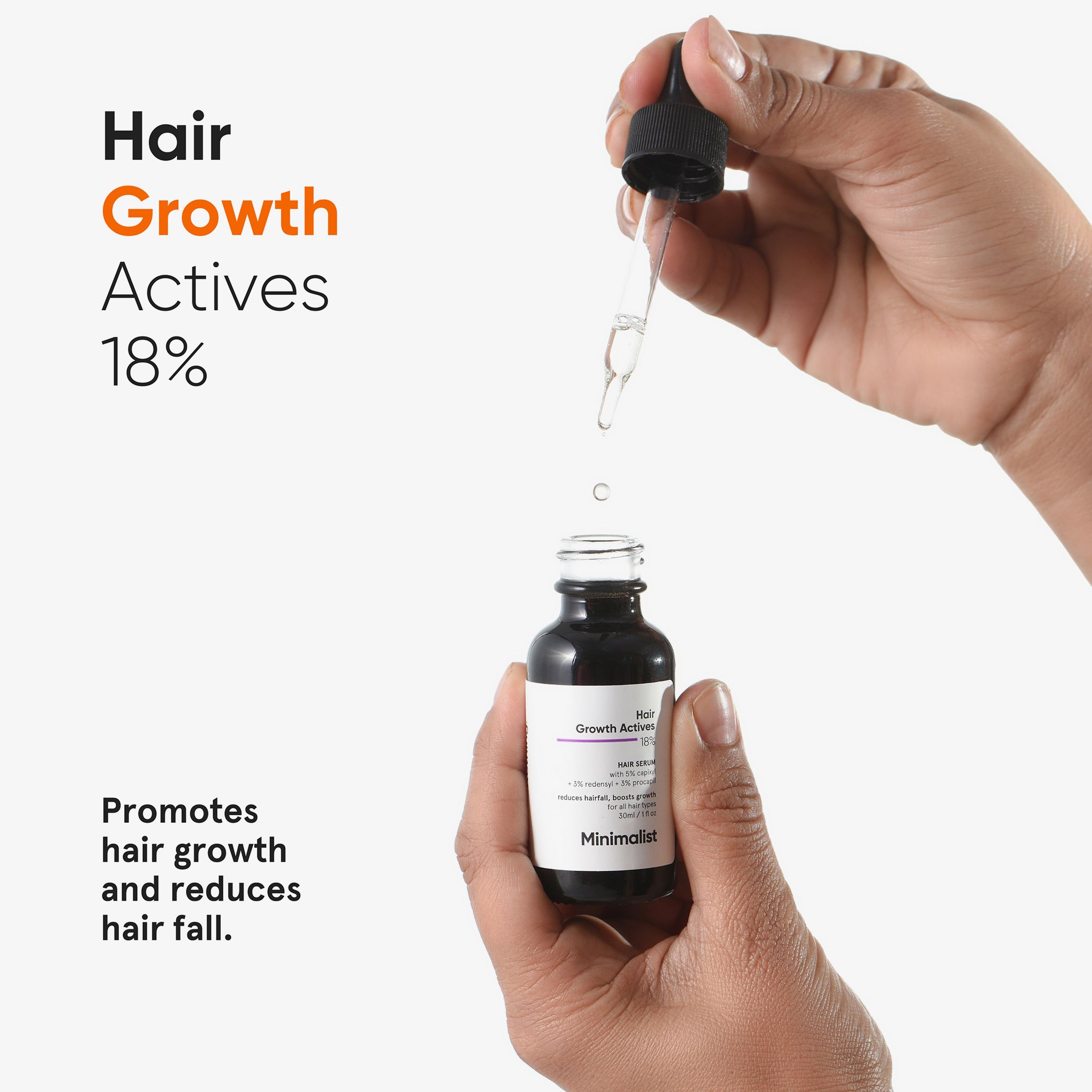 Hände halten eine Flasche Serum mit Pipette. Text: Hair Growth Actives 18%.
