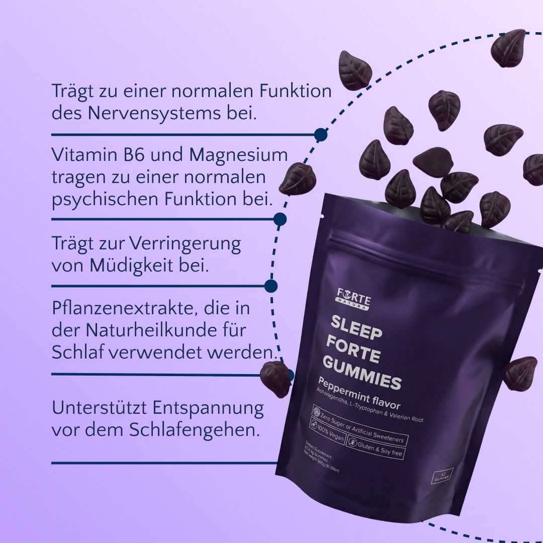 Forte Natura Schlaf Forte Gummies: Beutel mit Pfefferminzgeschmack und Liste von Vorteilen für Nervensystem und Entspannung.