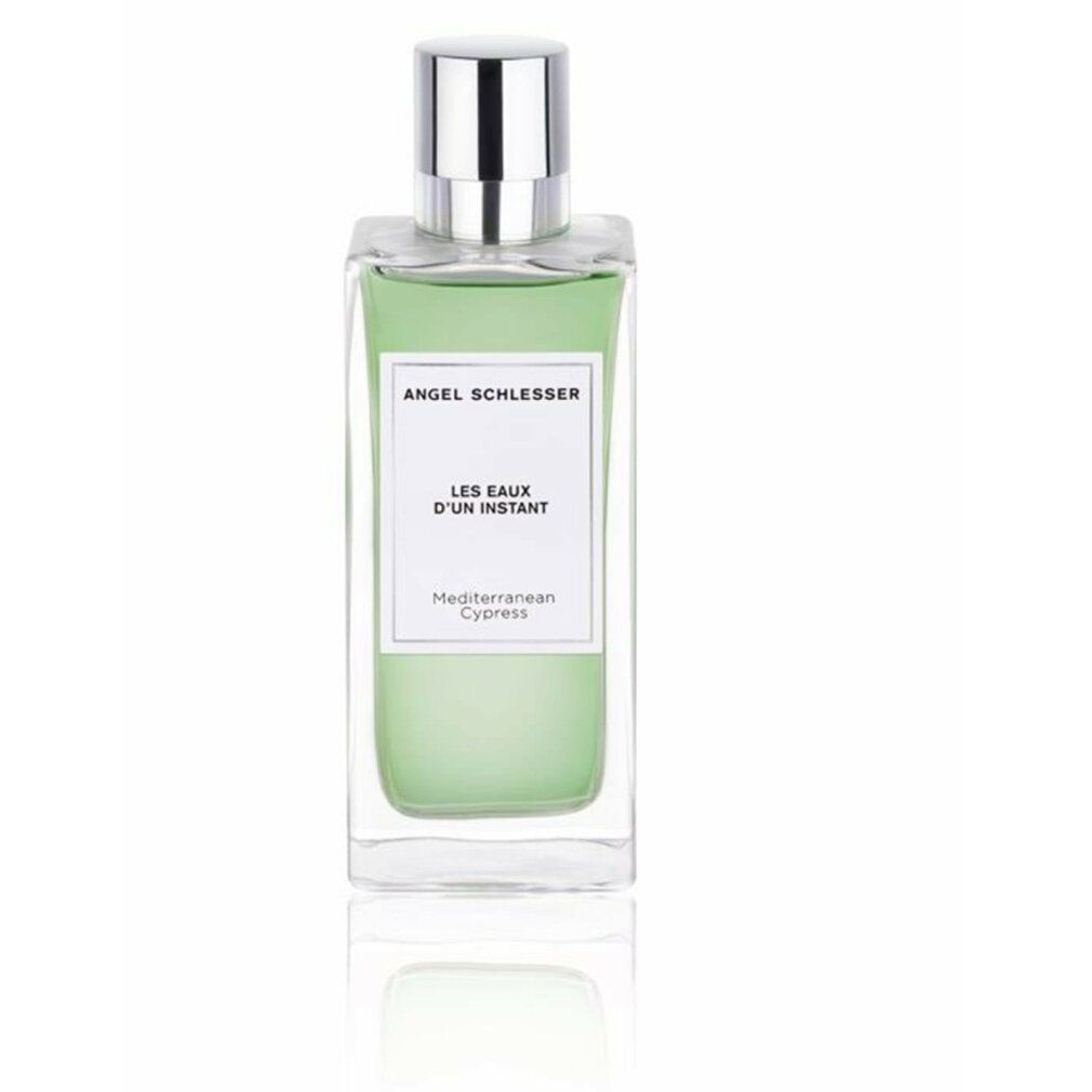 Flakon mit grünlicher Flüssigkeit. Aufkleber mit "Angel Schlesser", "Les Eaux d'un Instant", "Mediterranean Cypress".