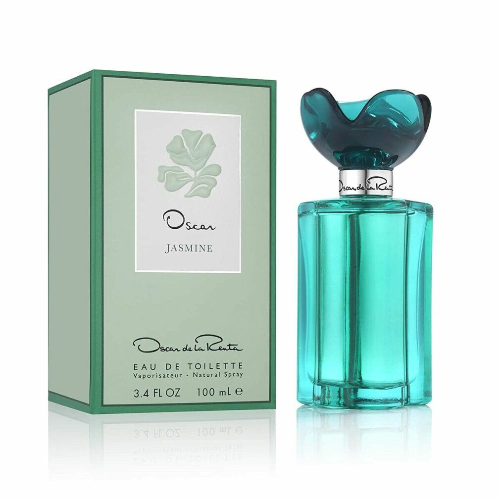 Grünes Parfüm mit blütenförmigem Deckel und grüner Schachtel. Aufschrift: Oscar, Jasmine, Eau de Toilette, 3.4 FL OZ, 100 ml e.