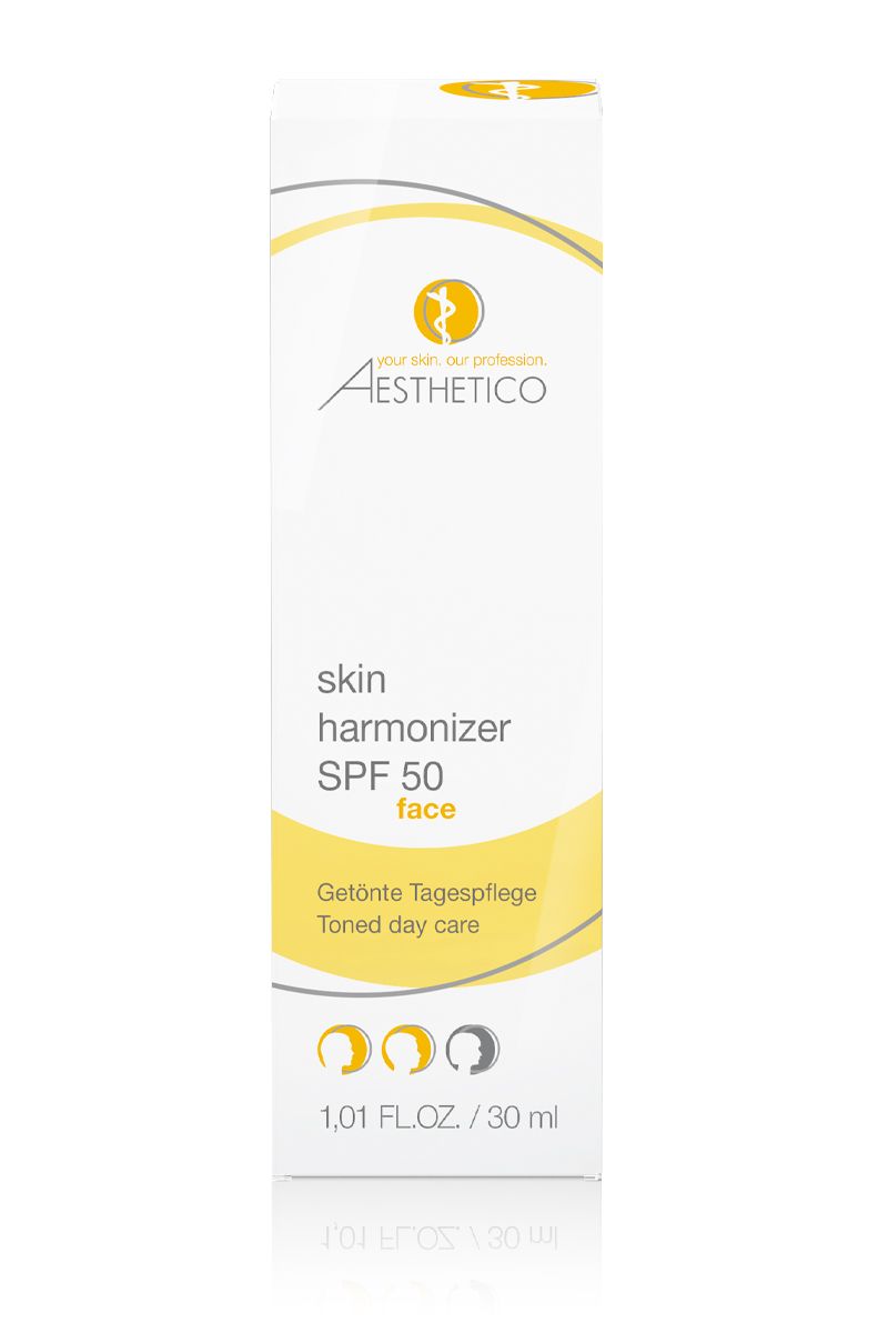 Aesthetico Skin Harmonizer SPF 50. Weiße Verpackung mit Produktinformationen und Logo. Gelbe Akzente.