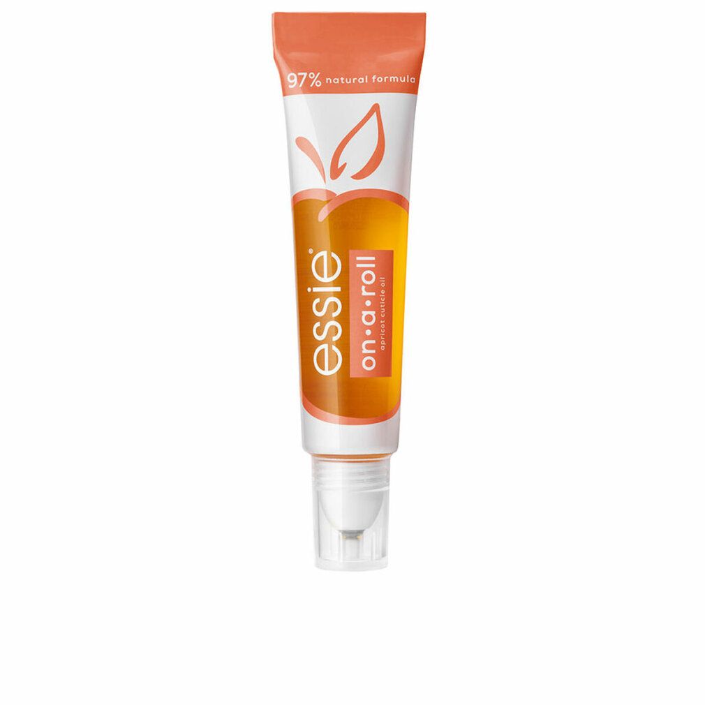 Tube mit Roll-on-Applikator. Orangefarbener Inhalt, weißer Hintergrund. Aufschrift: Essie on-a-roll apricot cuticle gel, 97% natural formula.