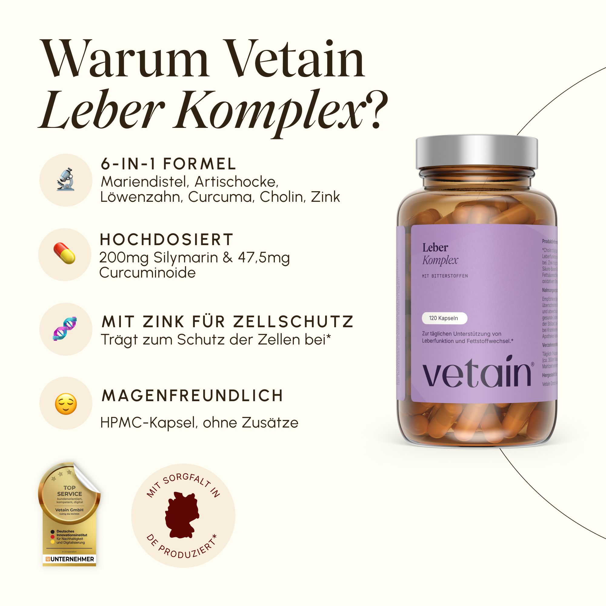 Flasche Vetaain Leber Komplex mit Liste der Inhaltsstoffe und Siegel 'Mit Sorgfalt in DE Produziert'.