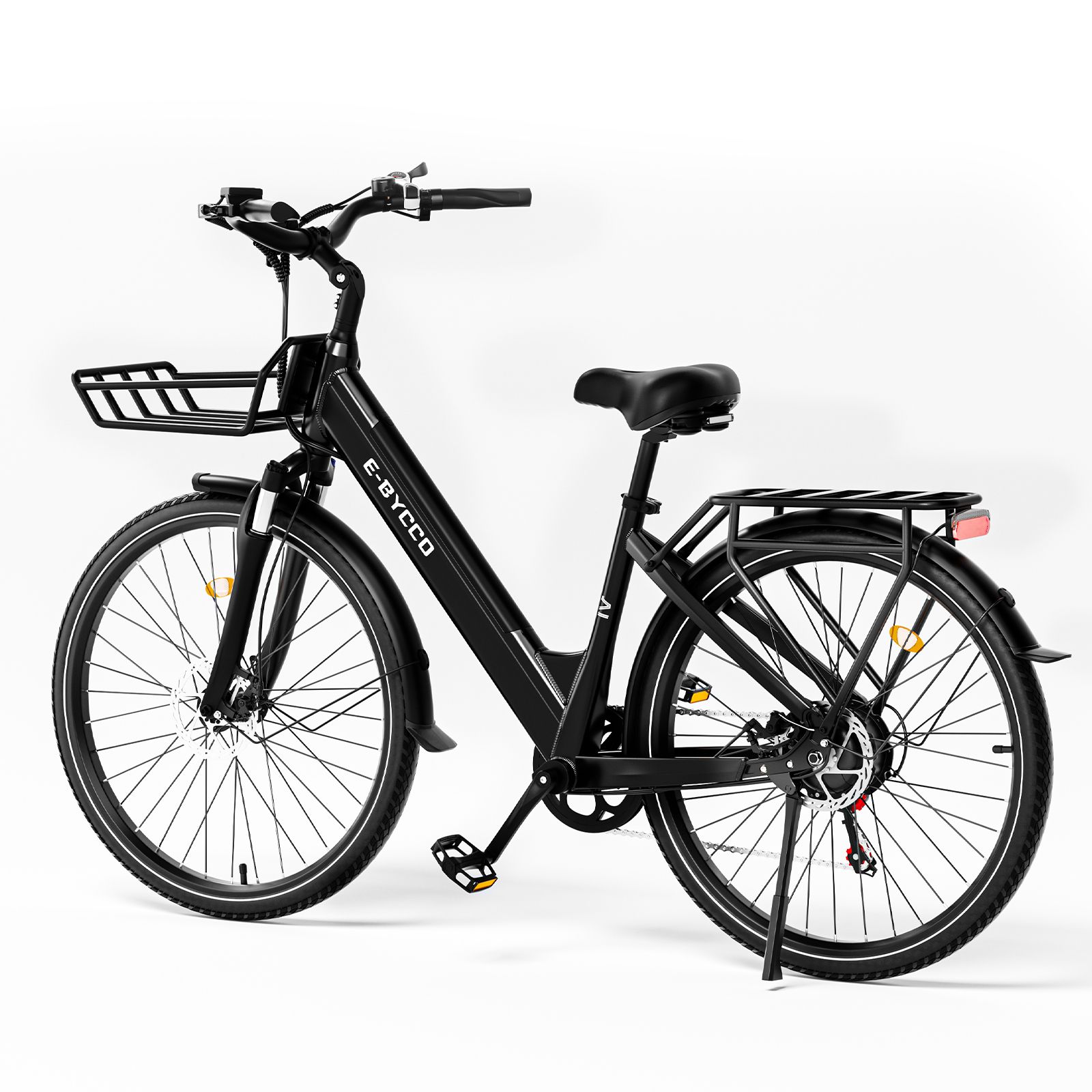 Schwarzes E-Bike mit Gepäckträger und Korb. Marke E-BYCCO.