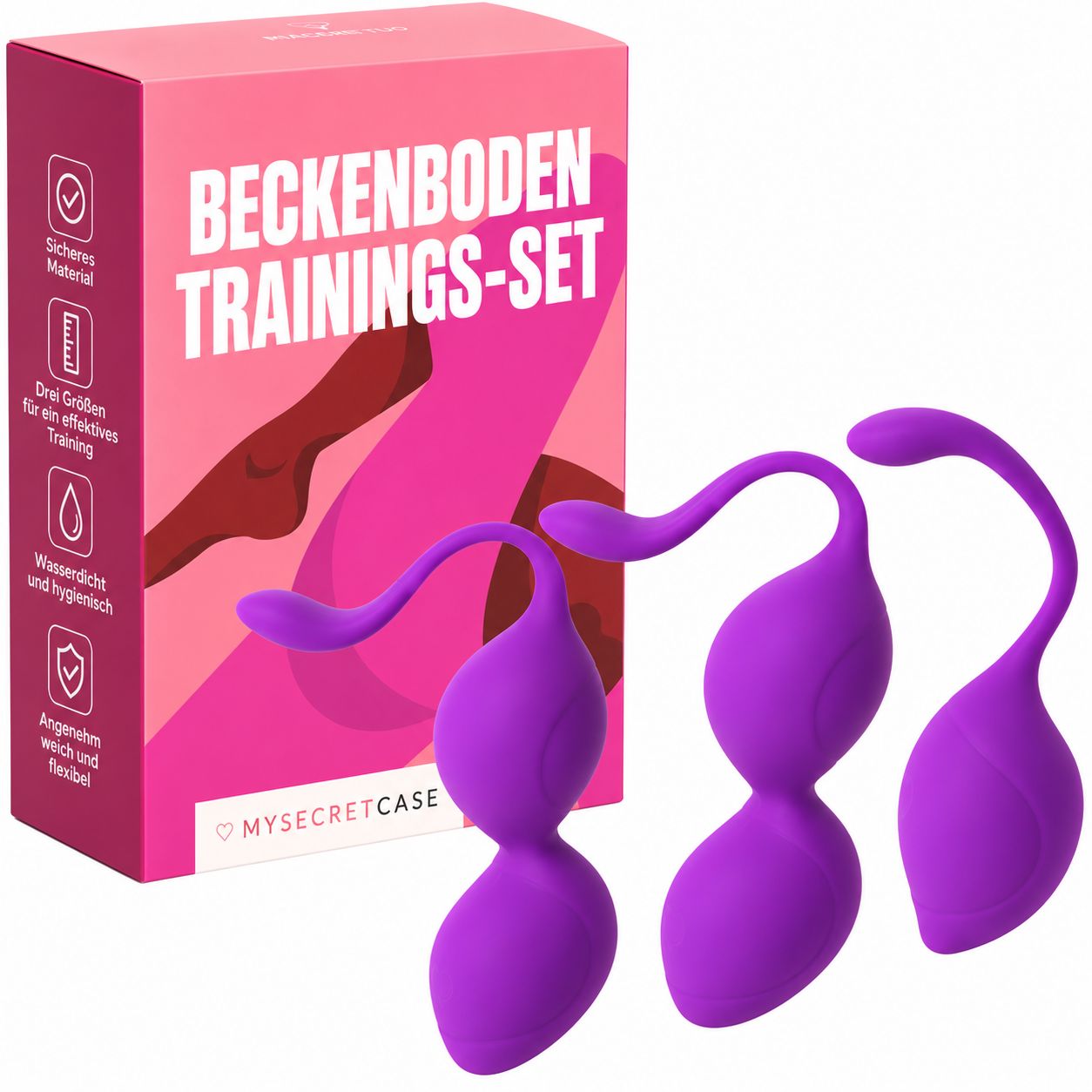 Violette Beckenbodentrainingskugel, wasserdicht (IPX7) und aus widerstandsfähigem, angenehmem Material. Leicht zu reinigen.