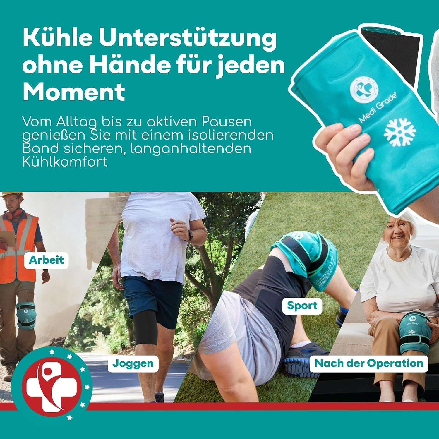 Knie-Kühlpack mit Klettverschluss, wird von einer Person am Bein getragen. "Medi Grade" Logo sichtbar.