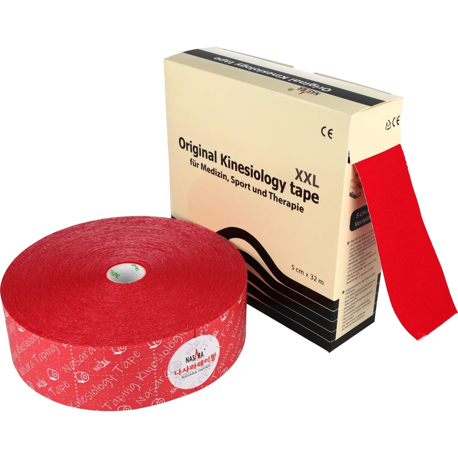 Rotes Kinesiologie-Tape XXL, 5 cm x 32 m, aufgerollt und in Verpackung.
