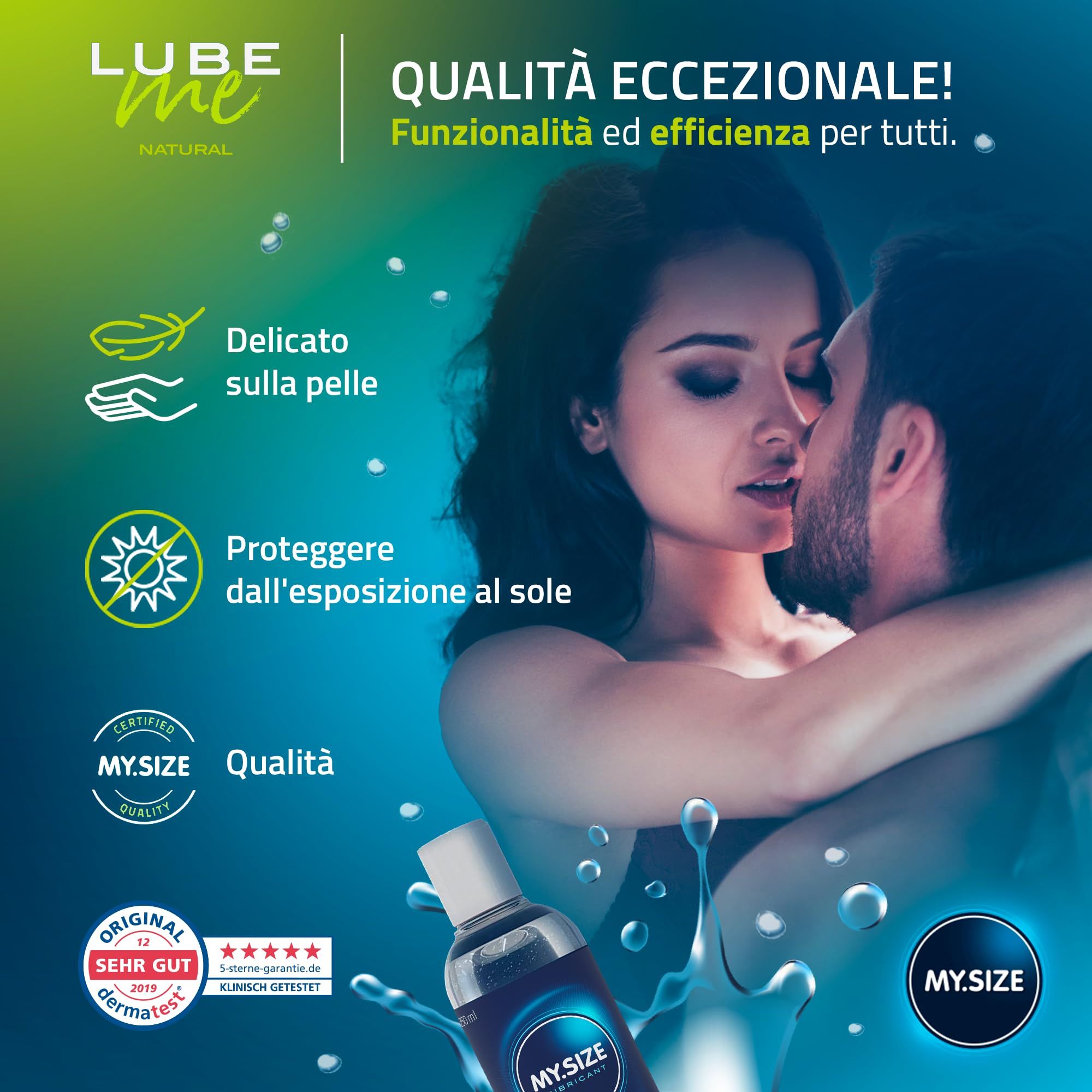 MY.SIZE Lube Me Natural Gleitgel Flasche mit Paar und Qualitätssiegeln.