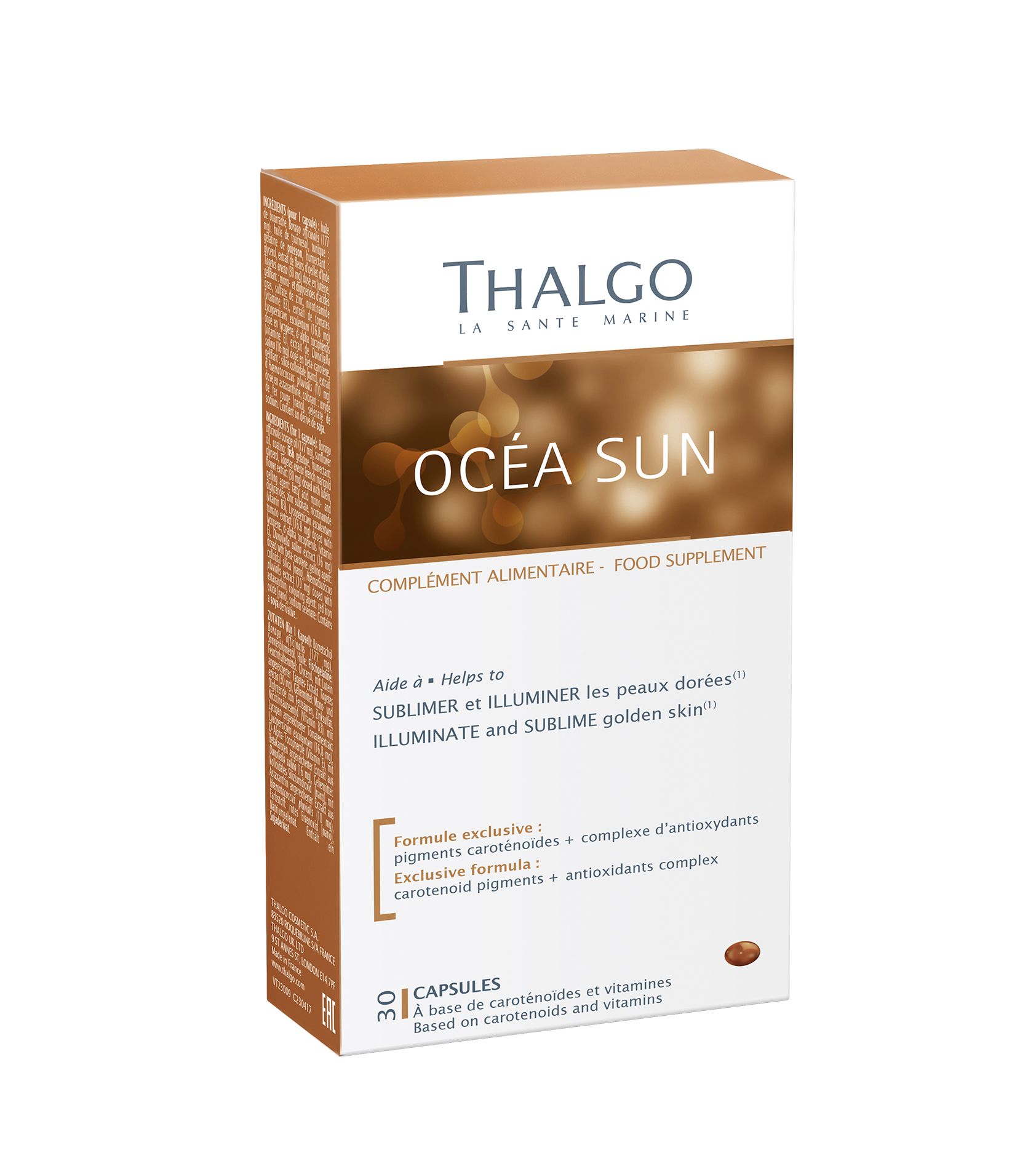 Océa Sun-Verpackung. Weiß-braune Schachtel mit Produktnamen und Text. Enthält 30 Kapseln. Marke: THALGO.