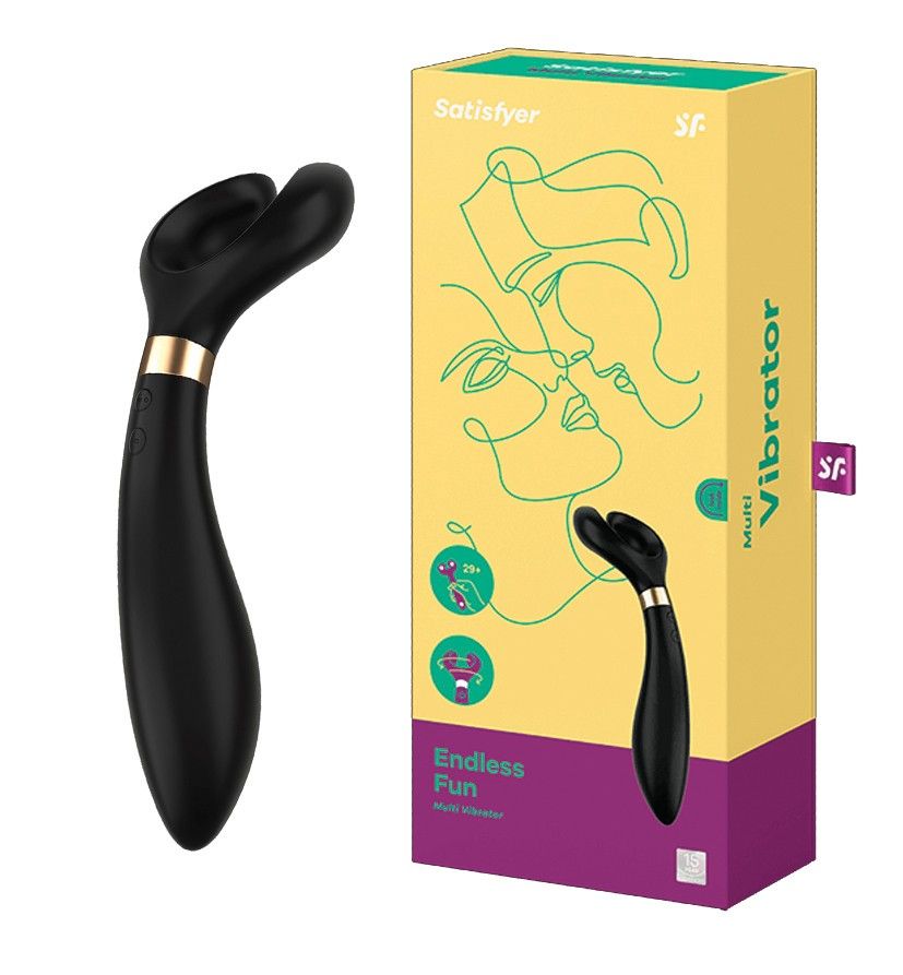 Schwarzer Paarvibrator neben gelber Verpackung. Verpackung mit Produktabbildung, Schriftzug "Satisfyer", "Endless Fun" und "Multi Vibrator".