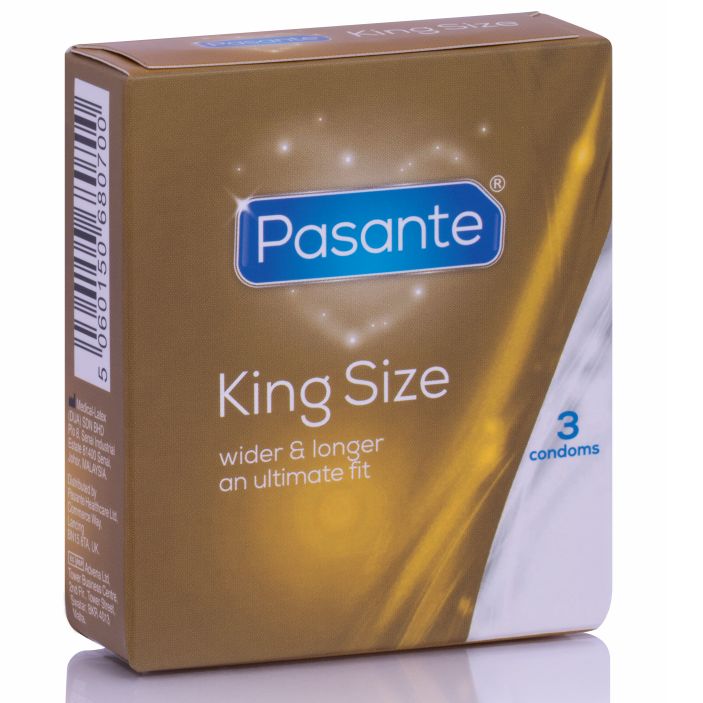 Kondombox in Gold mit "Pasante King Size", "3 condoms" und Zertifizierungen.