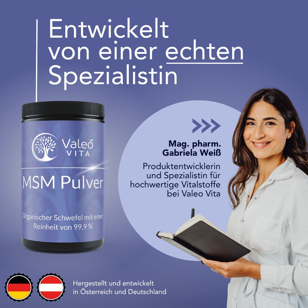 Produkt-Dose mit blauem Etikett. Aufschrift: Valeo Vita, MSM Pulver. Frau mit Notizbuch. Text: Entwickelt von einer Spezialistin.