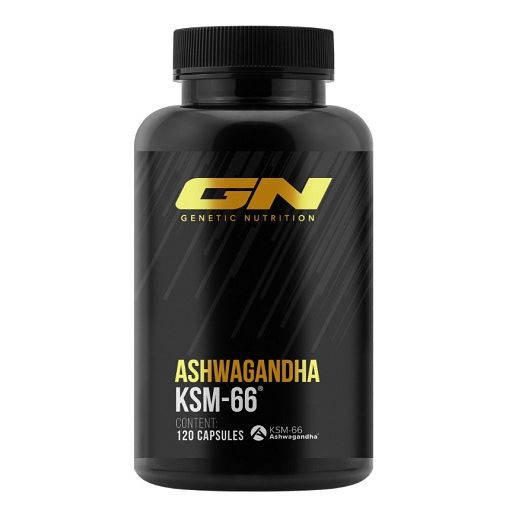 Schwarze Flasche mit goldfarbenem "GN"-Logo und "Ashwagandha KSM-66"-Aufschrift. Enthält 120 Kapseln.