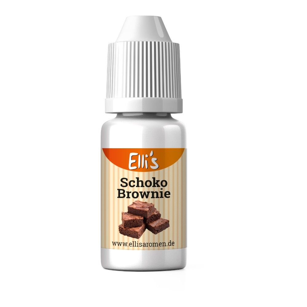 Braune Flüssigkeit in weißer Flasche mit Schraubverschluss. Etikett mit Produktname und Abbildung von Brownies.
