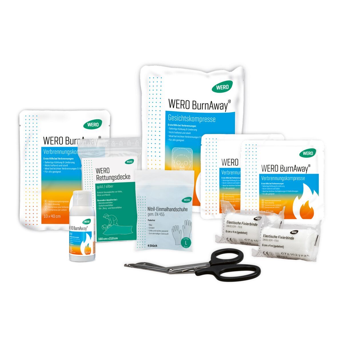 Verschiedene Verbandsmaterialien, Schere, Handschuhe und Flasche. Aufschrift: WERO, BurnAway, Rettungsdecke.