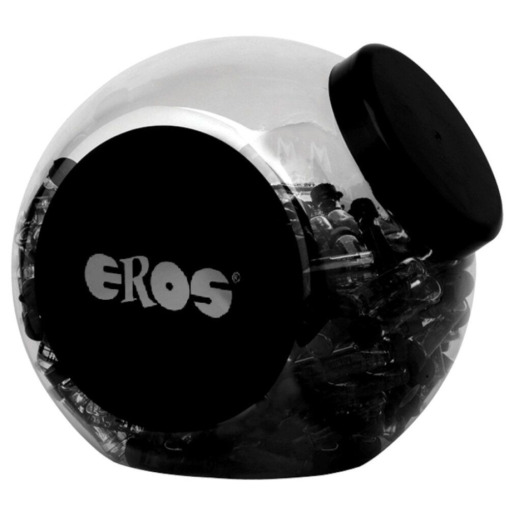Klarer, runder Behälter mit schwarzem Deckel. Großes schwarzes Etikett mit weißem "EROS"-Schriftzug. Inhalt nicht erkennbar.