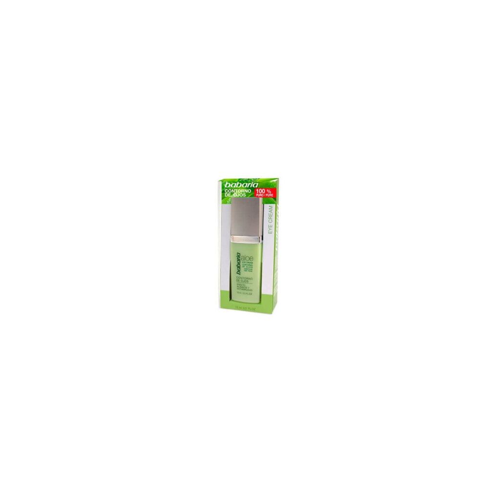 Augencreme-Flasche in einer Schachtel. Aufschrift: Babaria, Contorno de Ojos. 15 ml. Grün und silber.