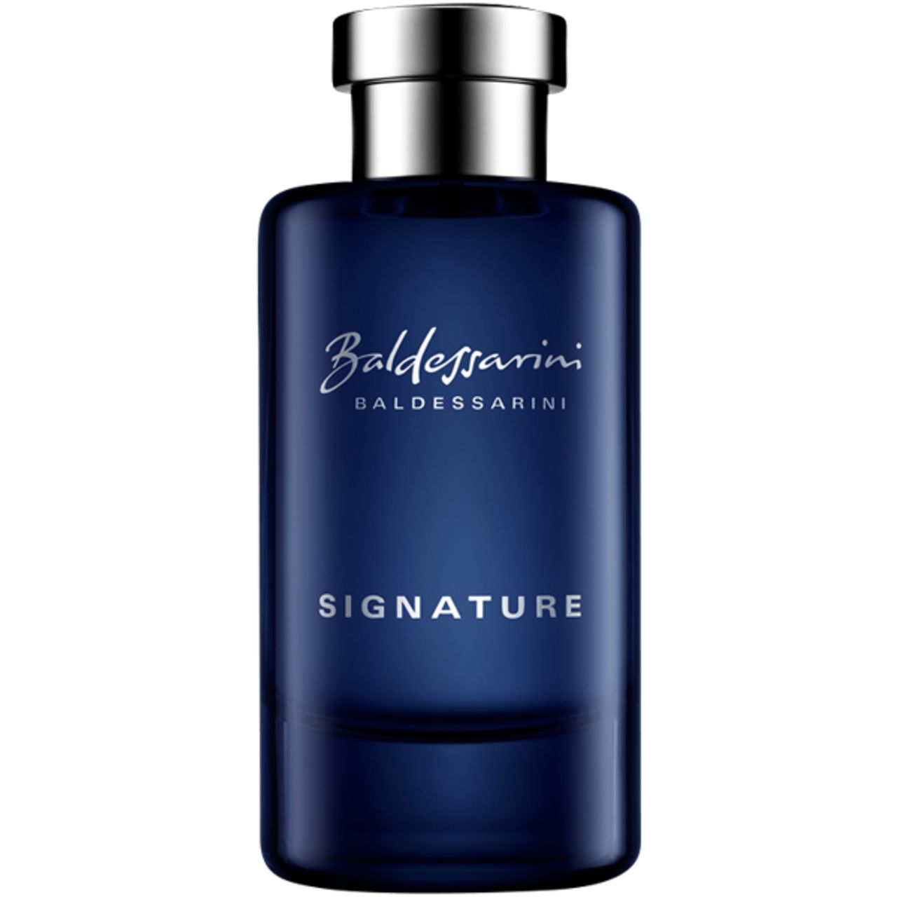 Blauer Flakon mit silbernem Deckel. Schriftzug Signature. Aufschrift Eau de Toilette.