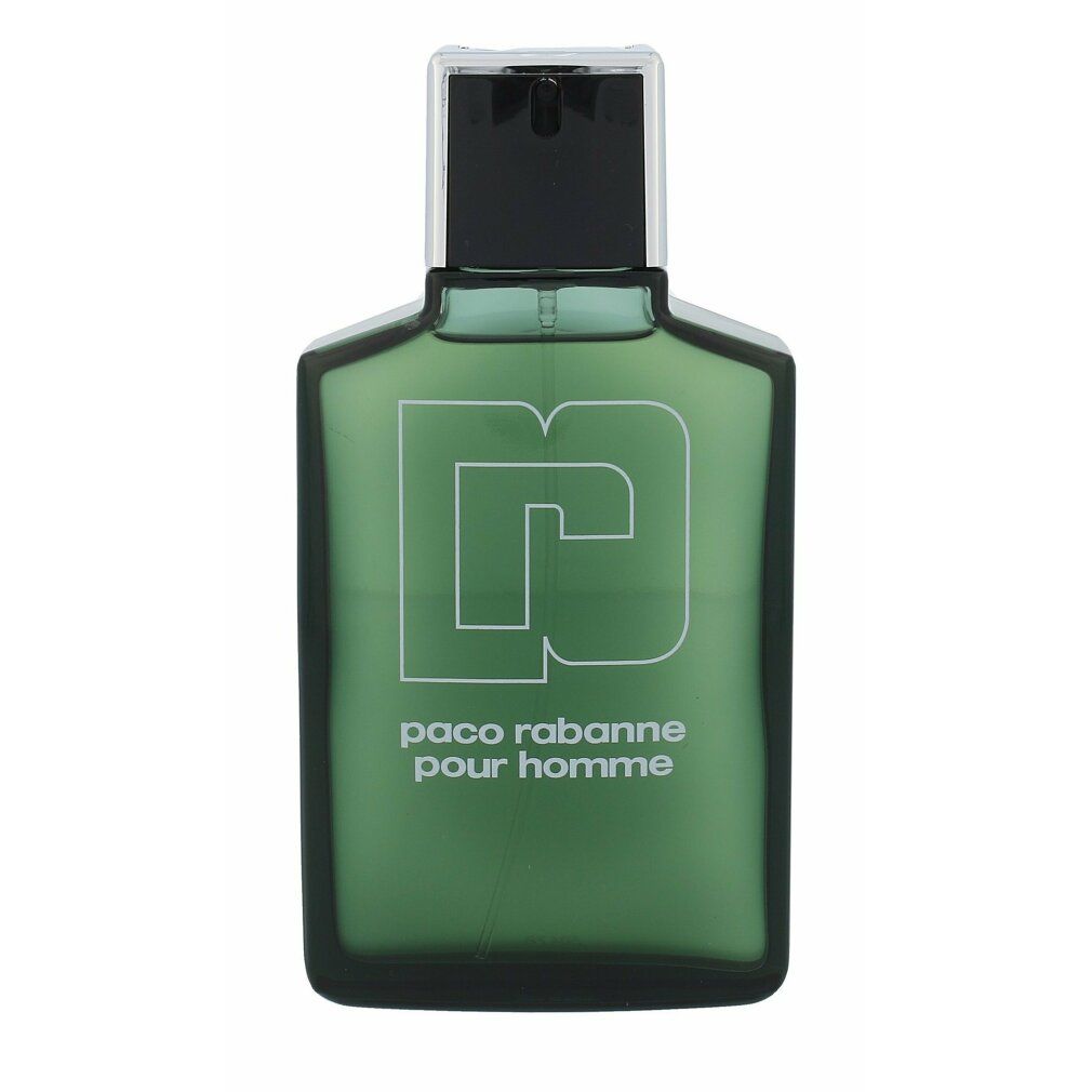 Grüne Paco Rabanne Pour Homme Flasche. Weißes Logo und Schriftzug. Schwarzer Deckel. Eau de Toilette Spray.