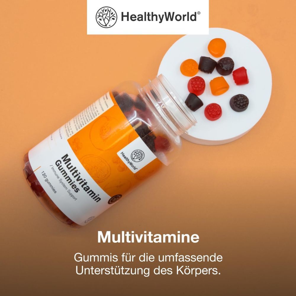 Flasche Multivitamin Gummies und Gummibonbons auf einem Teller. Logo: HealthyWorld. Text: Multivitamine, Gummies für den Körper.