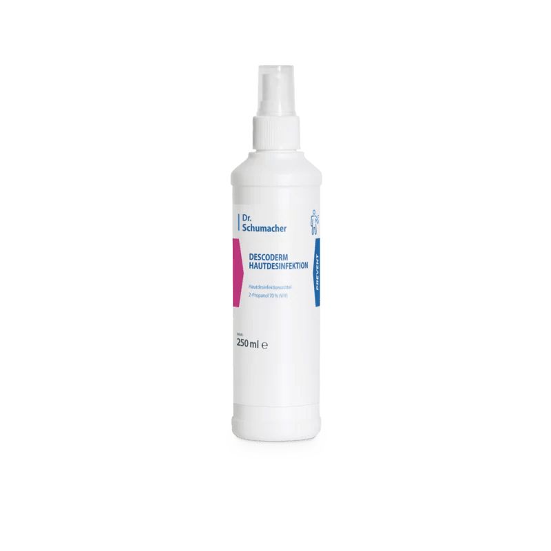 Weiße Sprühflasche mit Aufschrift 'Descoderm Hautdesinfektion'. Enthält 250 ml. Mit Sprühkopf.