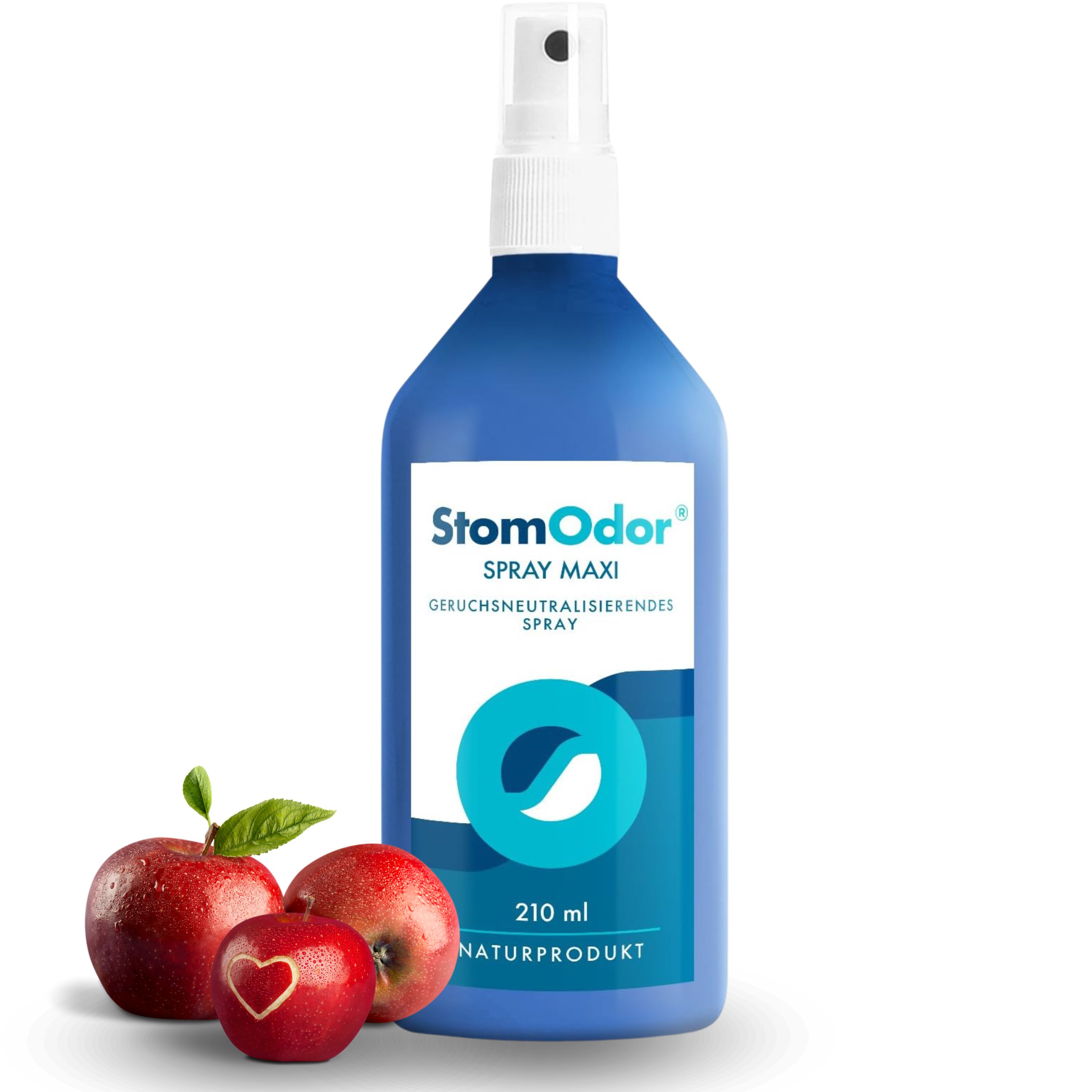 Blaue Sprühflasche mit weißem Sprühkopf. Aufschrift: StomOdor Spray Maxi. 210 ml. Naturprodukt. Drei Äpfel liegen davor.
