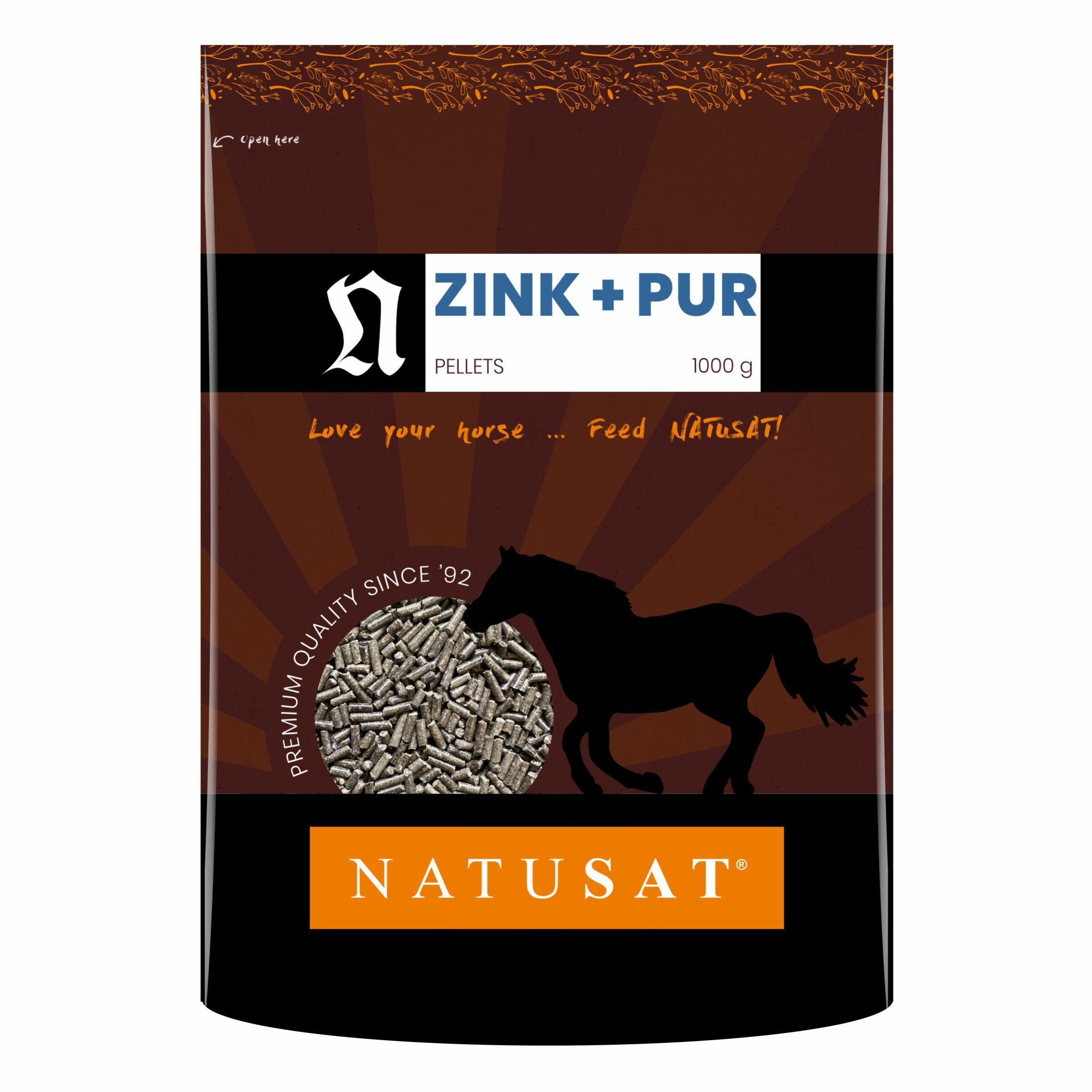 Beutel mit Zink + Pur Pellets. Braune Verpackung mit Logo, Text und Pferde-Silhouette. Enthält 1000 g. Marke: NATUSAT.