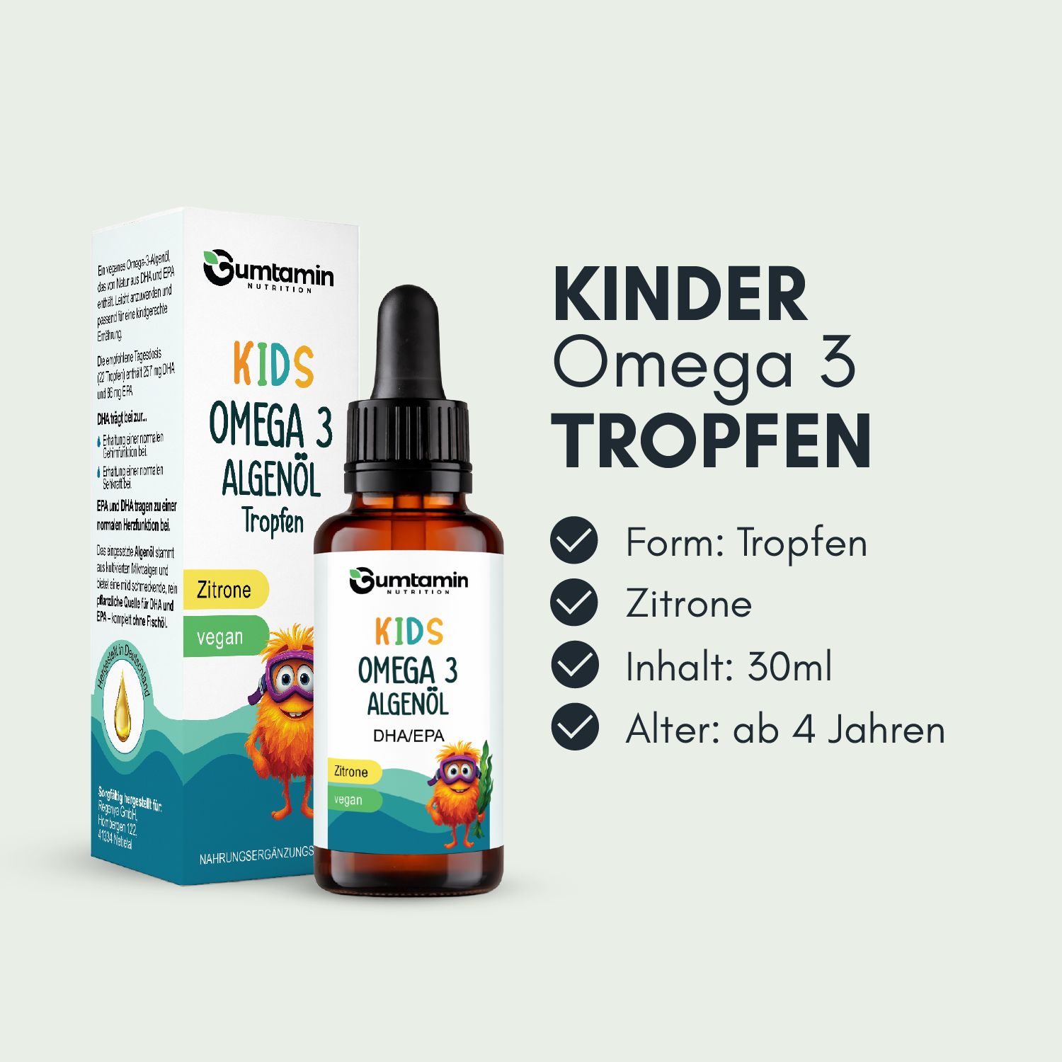 Produktflasche und Karton mit Text: Kinder Omega 3 Tropfen. Merkmale: Tropfen, Zitrone, Inhalt 30ml, Alter ab 4 Jahren.