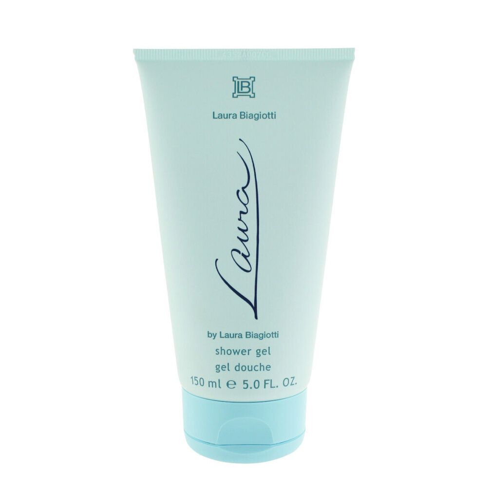 Hellblaues Duschgel in einer Tube. Aufschrift "Laura Biagiotti" und "shower gel".