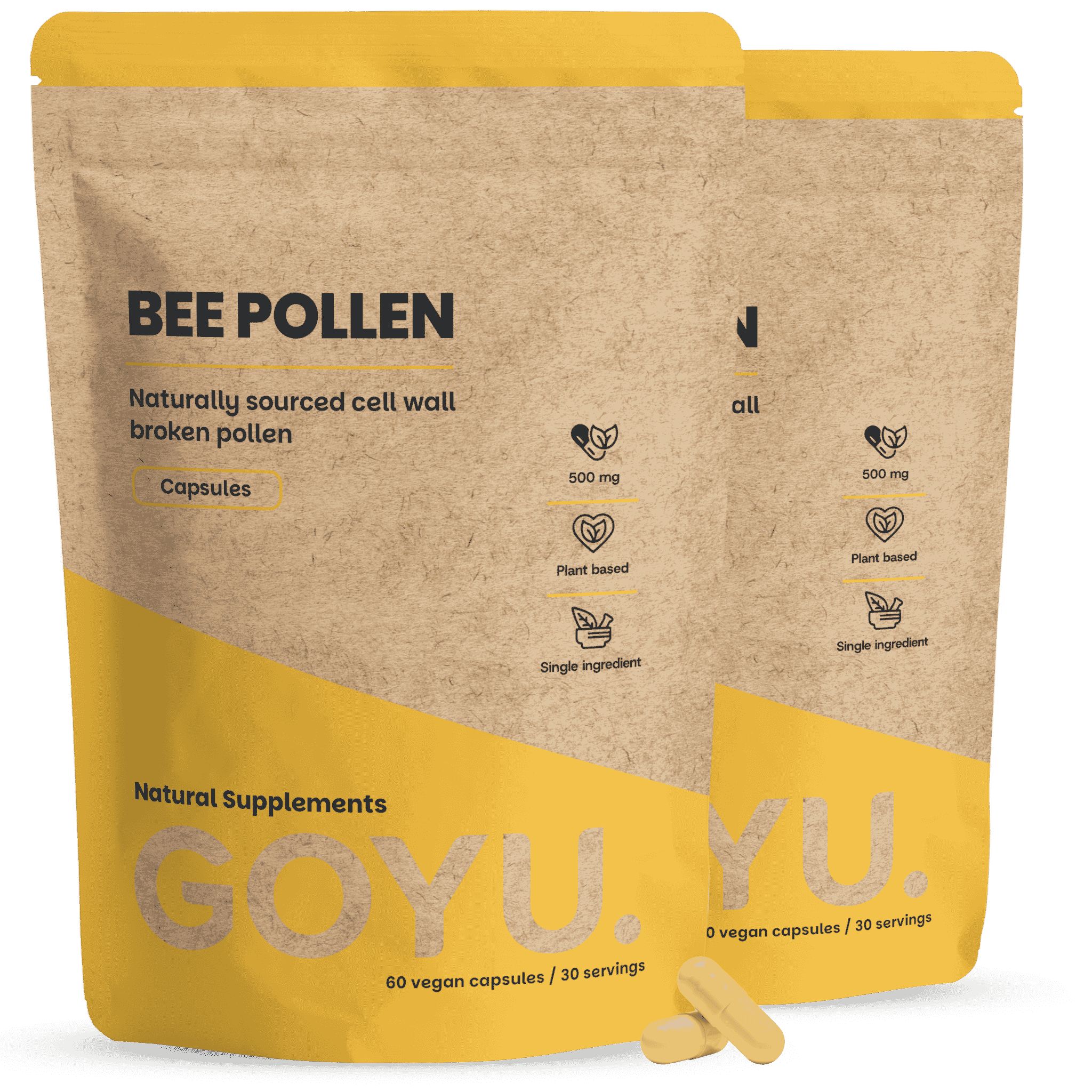 Zwei Packungen GOYU. Bee Pollen Kapseln. Braune Beutel mit gelbem Design. Enthält 60 vegane Kapseln.
