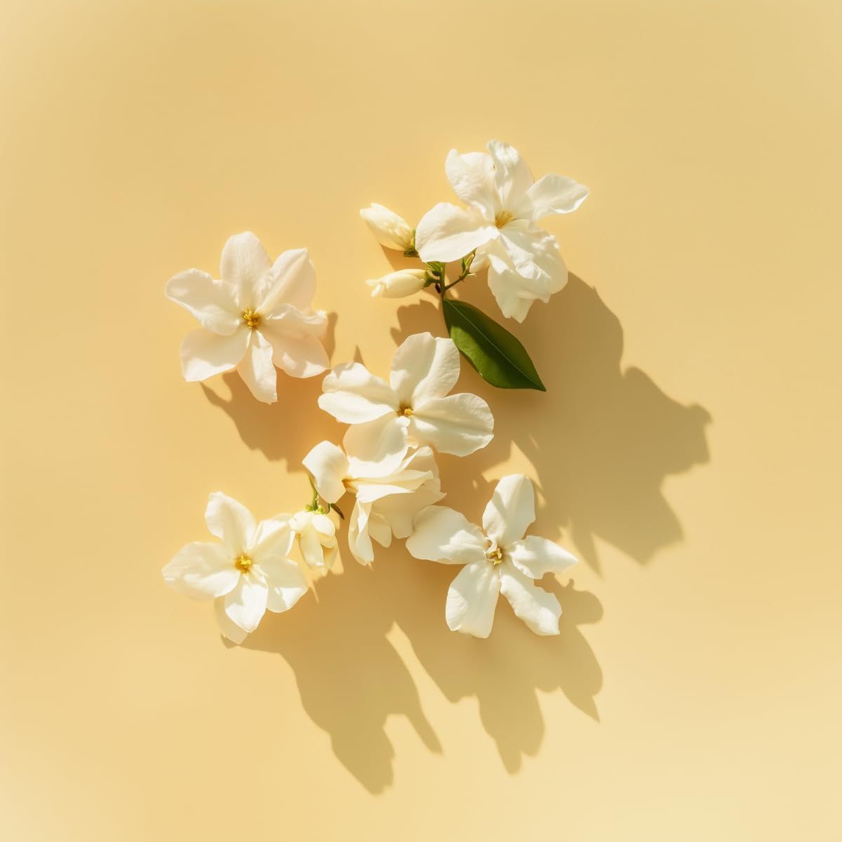 Nahaufnahme von weißen Jasminblüten auf gelbem Hintergrund. Schattenwurf.