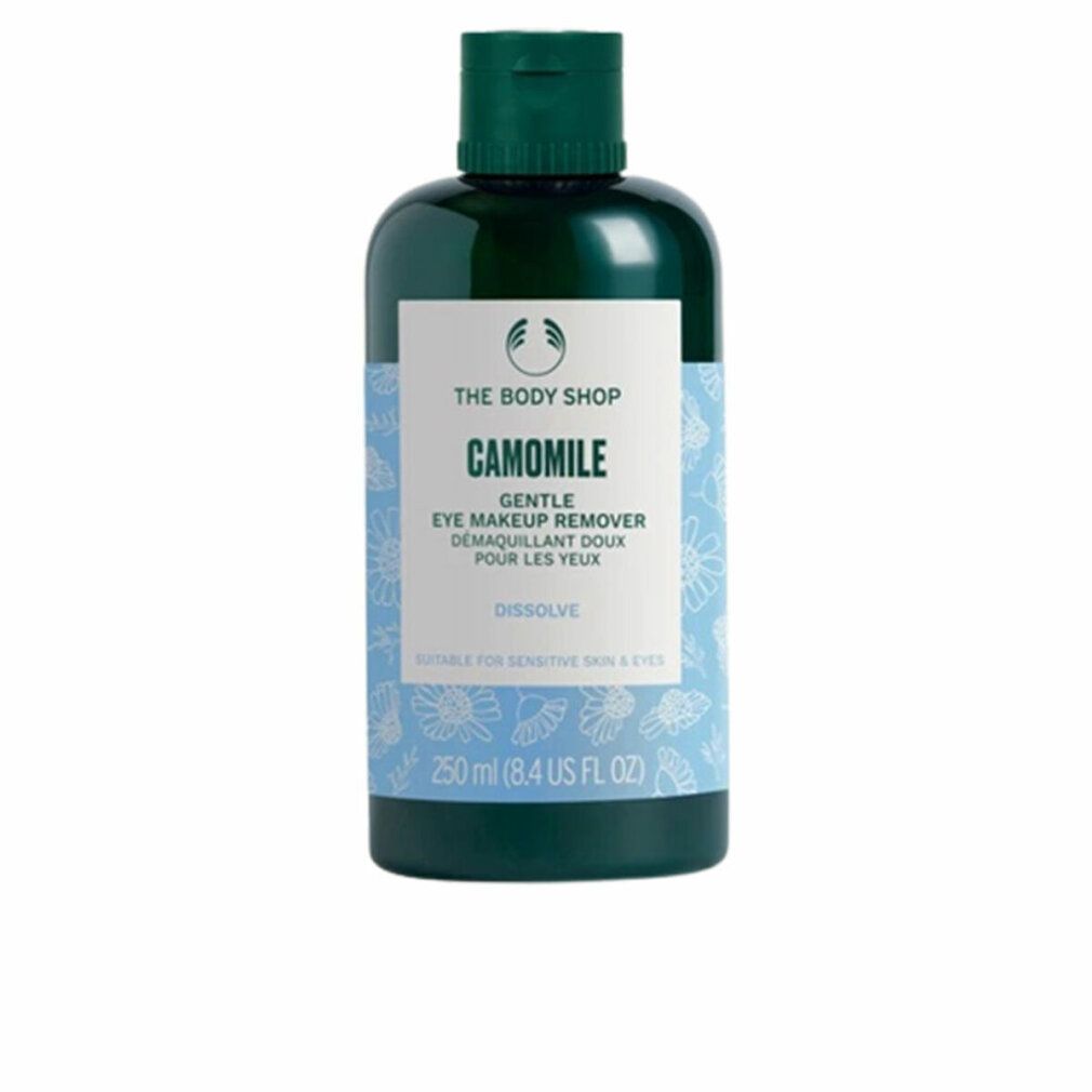 Grüne Flasche mit blauem Etikett. Aufschrift: CAMOMILE, Gentle Eye Make-Up Remover. 250 ml. Geeignet für empfindliche Haut.