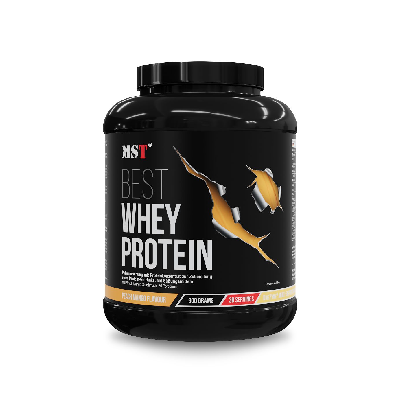 Vorderseite eines schwarzen Behälters mit der Aufschrift 'MST Best Whey Protein' und Geschmacksangabe 'Peach Mango Flavor'.