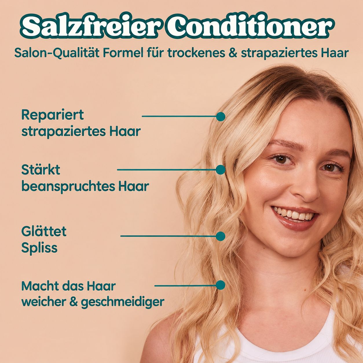 Frau mit blondem Haar, die die Vorteile eines salzfreien Conditioners für trockenes Haar hervorhebt.