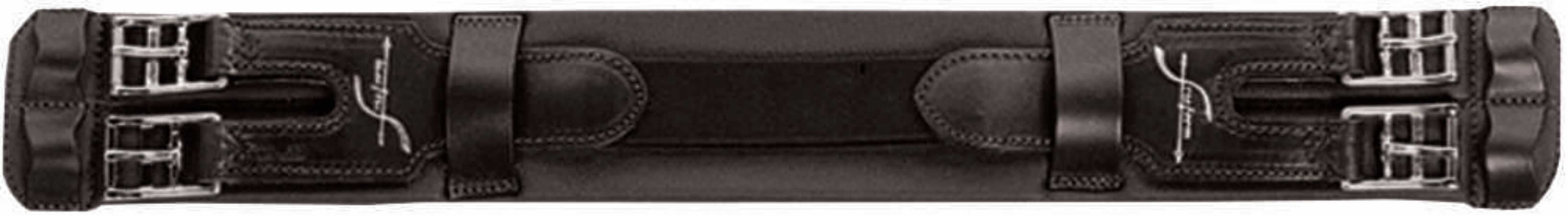 Schwarzer Sattelgurt mit Metallverschlüssen und Lederriemen. AMKA-Logo auf den Verschlüssen.