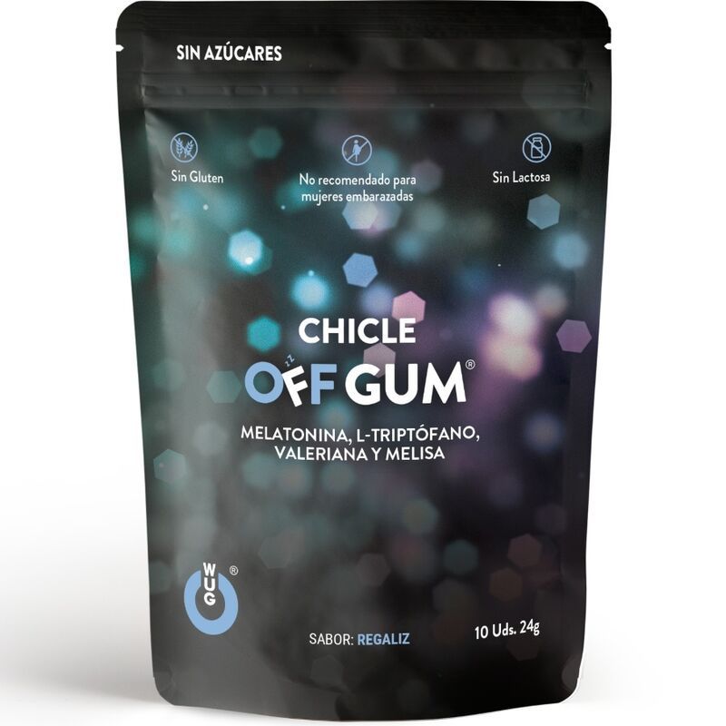 Verpackung von Wug Off Gum Kaugummi mit Melatonin, L-Tryptophan, Baldrian und Melisse. Ohne Zucker, Gluten und Laktose.