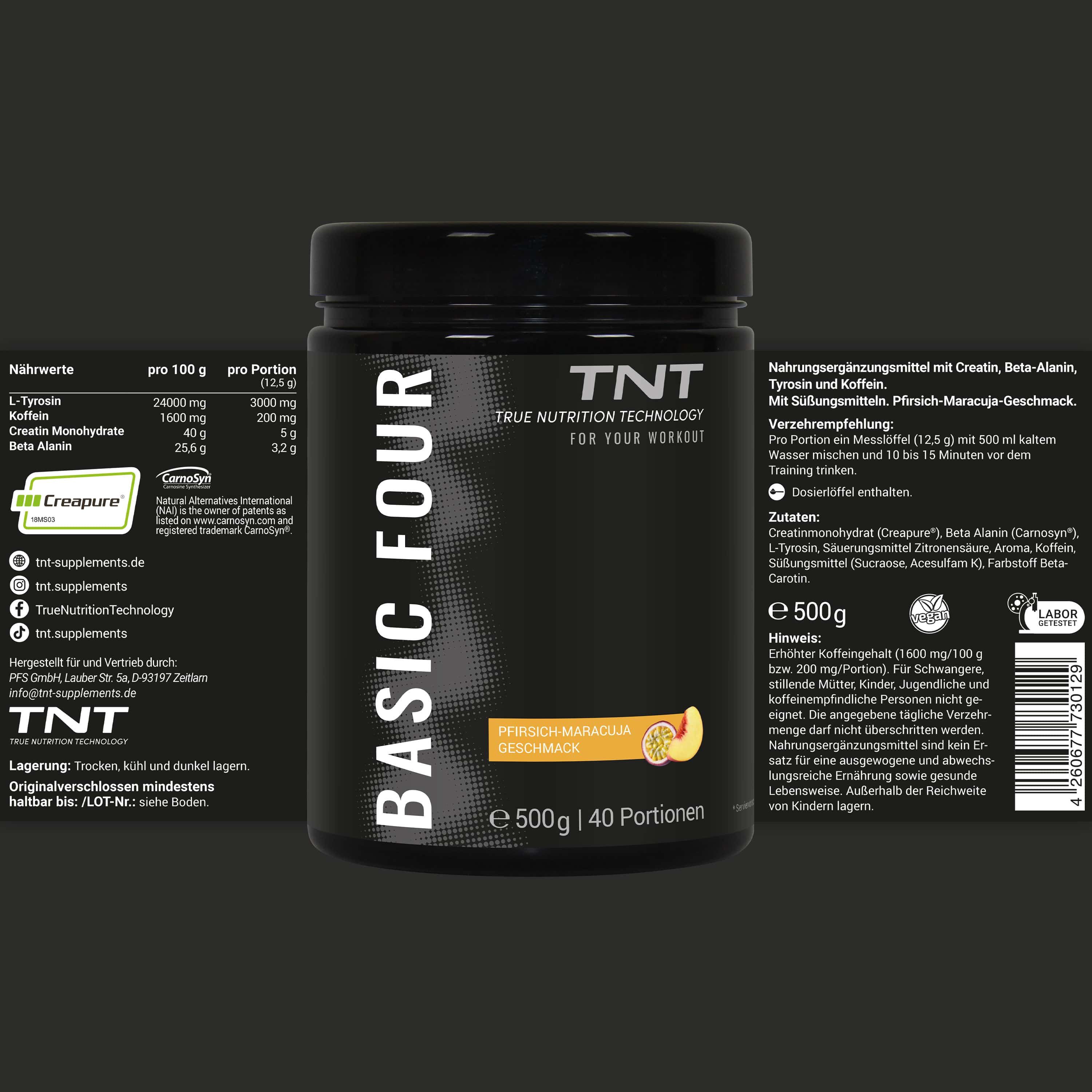 TNT Basic Four Dose mit Nährwertangaben. Aufschrift: Pfirsich-Maracuja Geschmack. 500g, 40 Portionen.