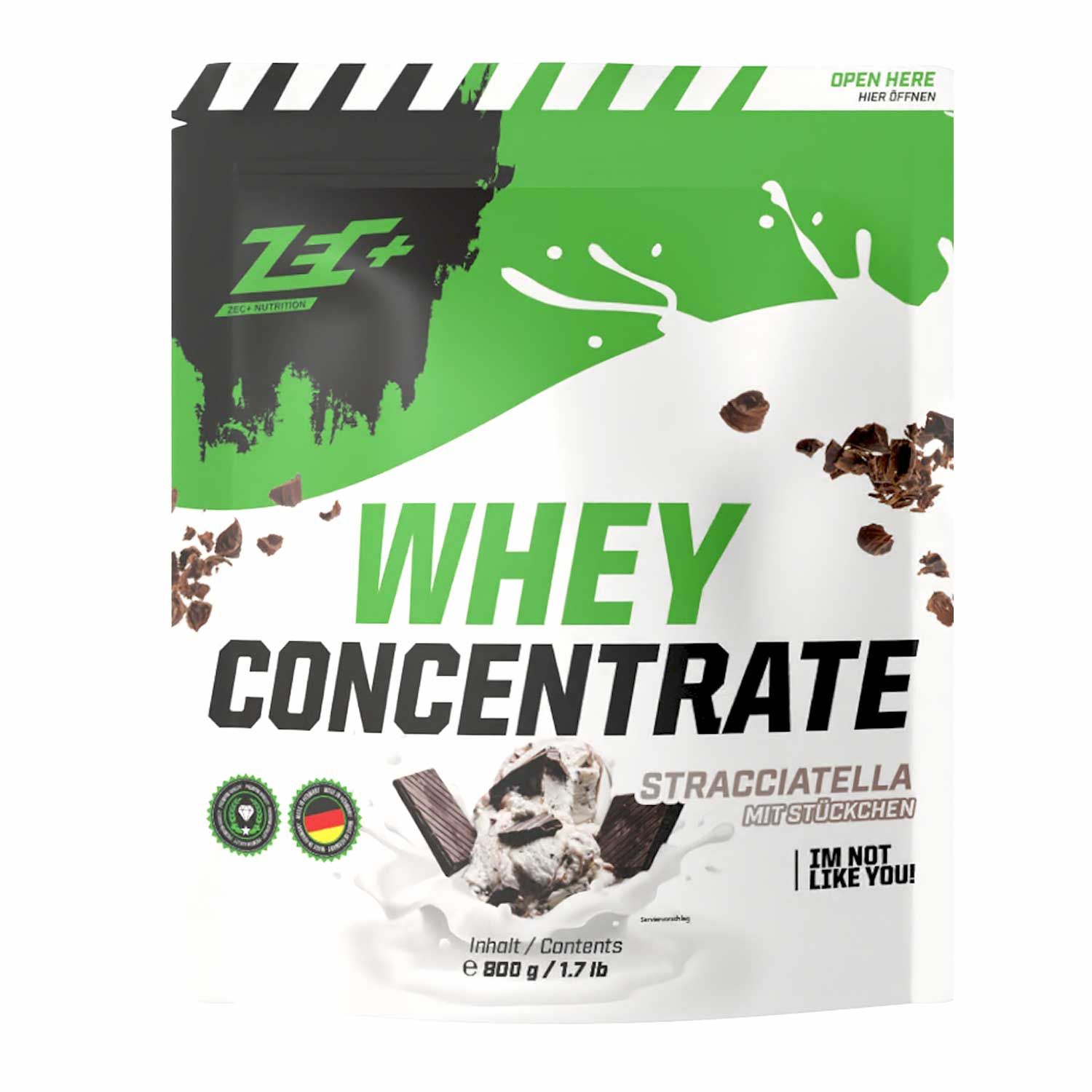 ZEC+ Whey Concentrate Stracciatella-Beutel. Grün-weißes Design mit Produktnamen und Logo. Schokoladenstückchen und Milchspritzer.
