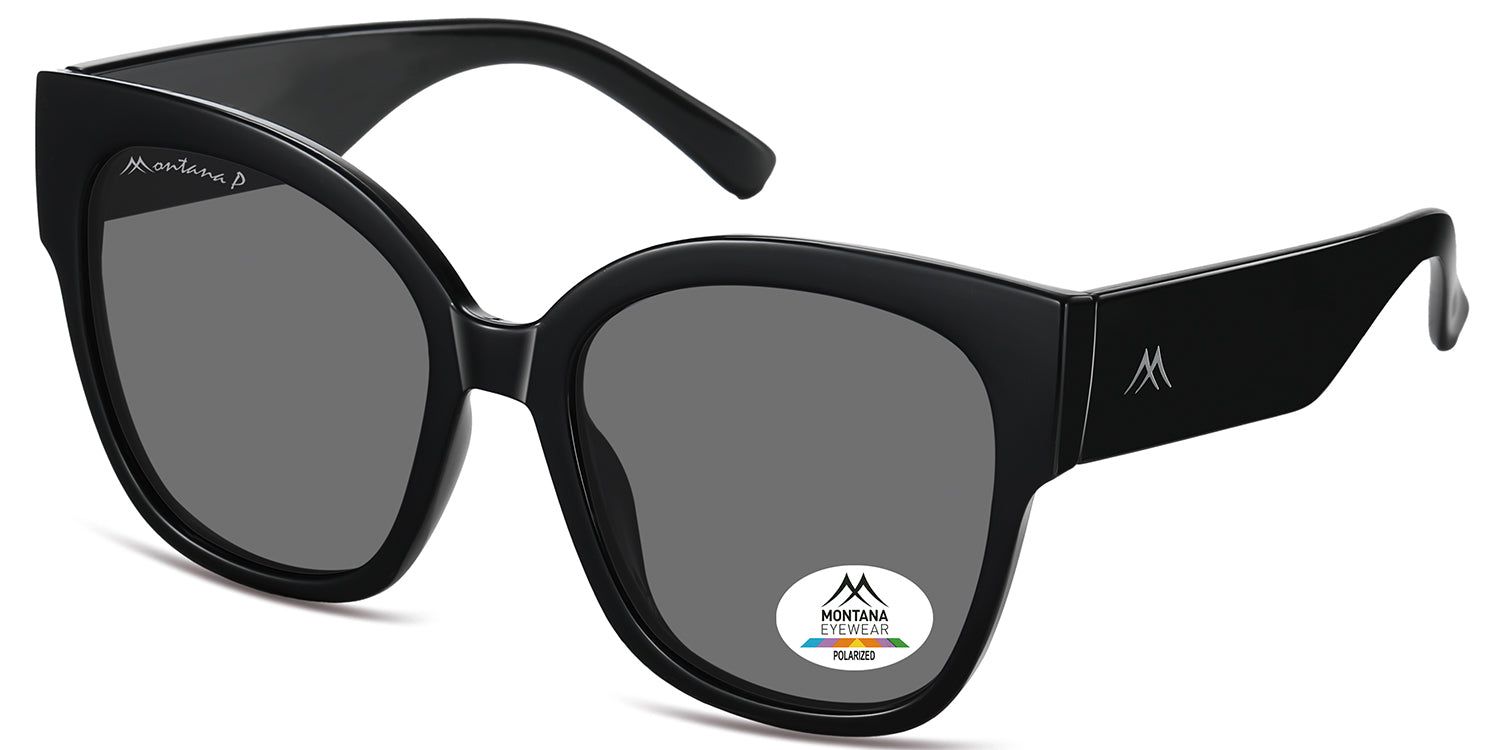 Schwarze Sonnenbrille, seitliche Ansicht. Montana Eyewear Logo auf dem Bügel und Glas. Polarisierte Gläser.