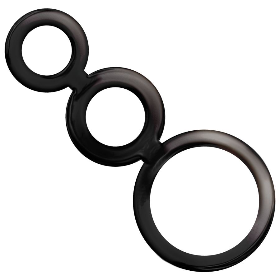 Drei schwarze Ringe, verbunden. Ein kleiner, ein mittlerer und ein großer Ring. Glänzende Oberfläche. Auf weißem Hintergrund.