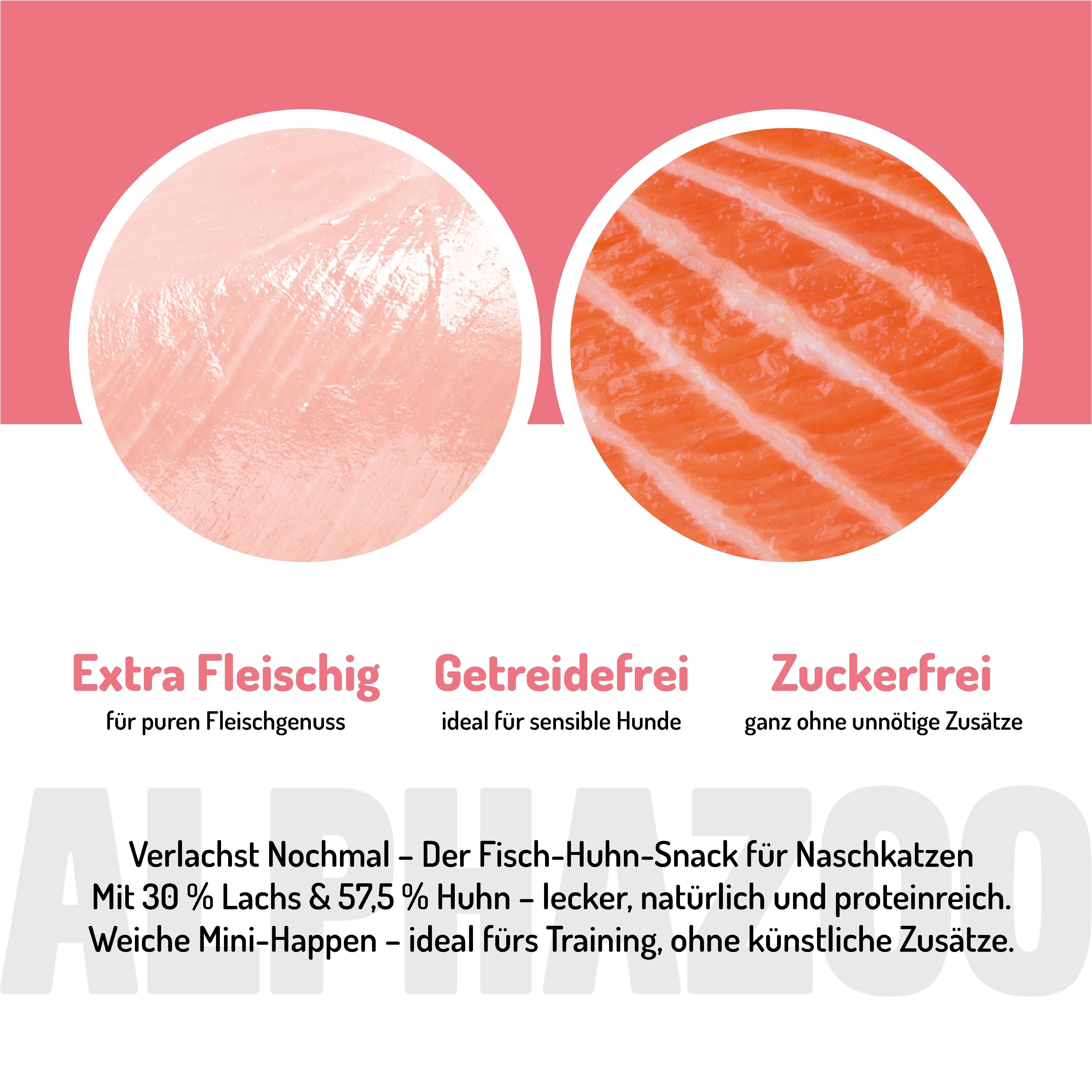 Nahaufnahme von Fisch und Hühnerfleisch. Text: Extra fleischig, getreidefrei, zuckerfrei. Produktname und Beschreibung.