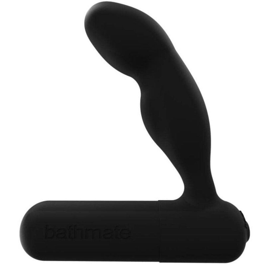 Schwarzer Prostate Vibe mit gebogenem Schaft und flachem Sockel, mit Markenschriftzug.