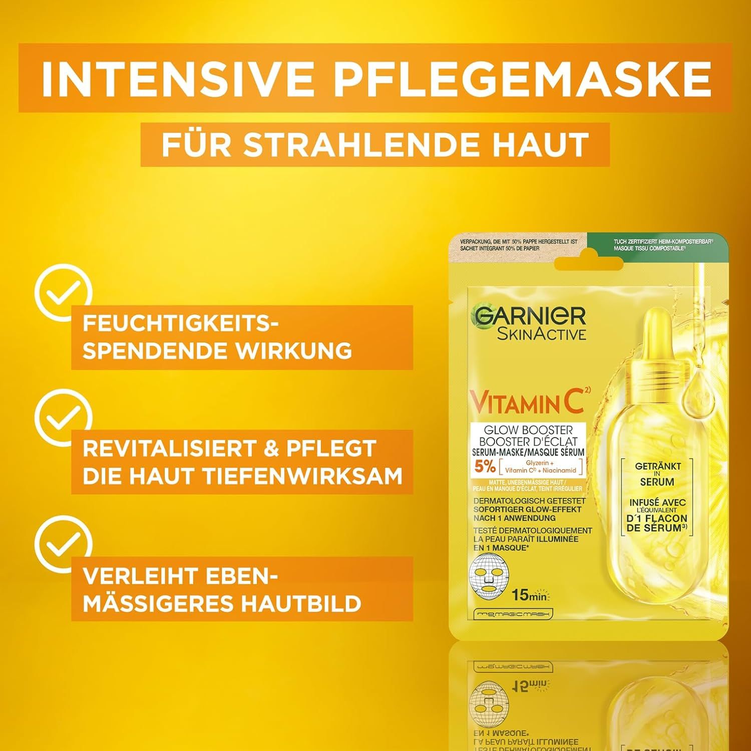 Garnier SkinActive Vitamin C Serum Maske. Gelbe Verpackung mit Produktabbildung. Text: 'Intensive Pflegemaske'.