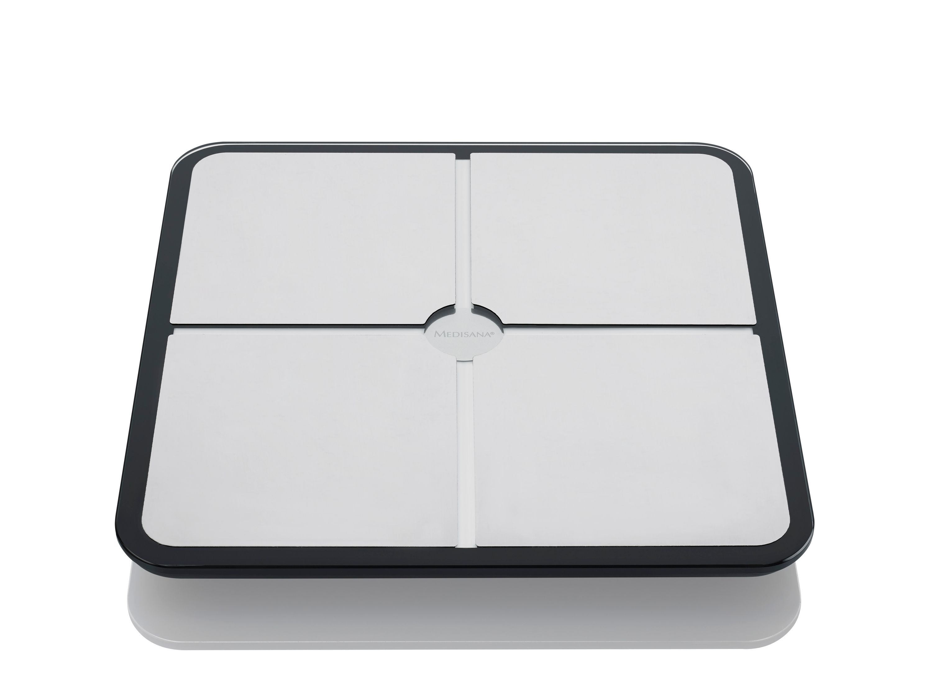 Körperanalysewaage, quadratisch, silberne Oberfläche, schwarzer Rahmen. Vier Messflächen, blaue Linien. Ohne Display.