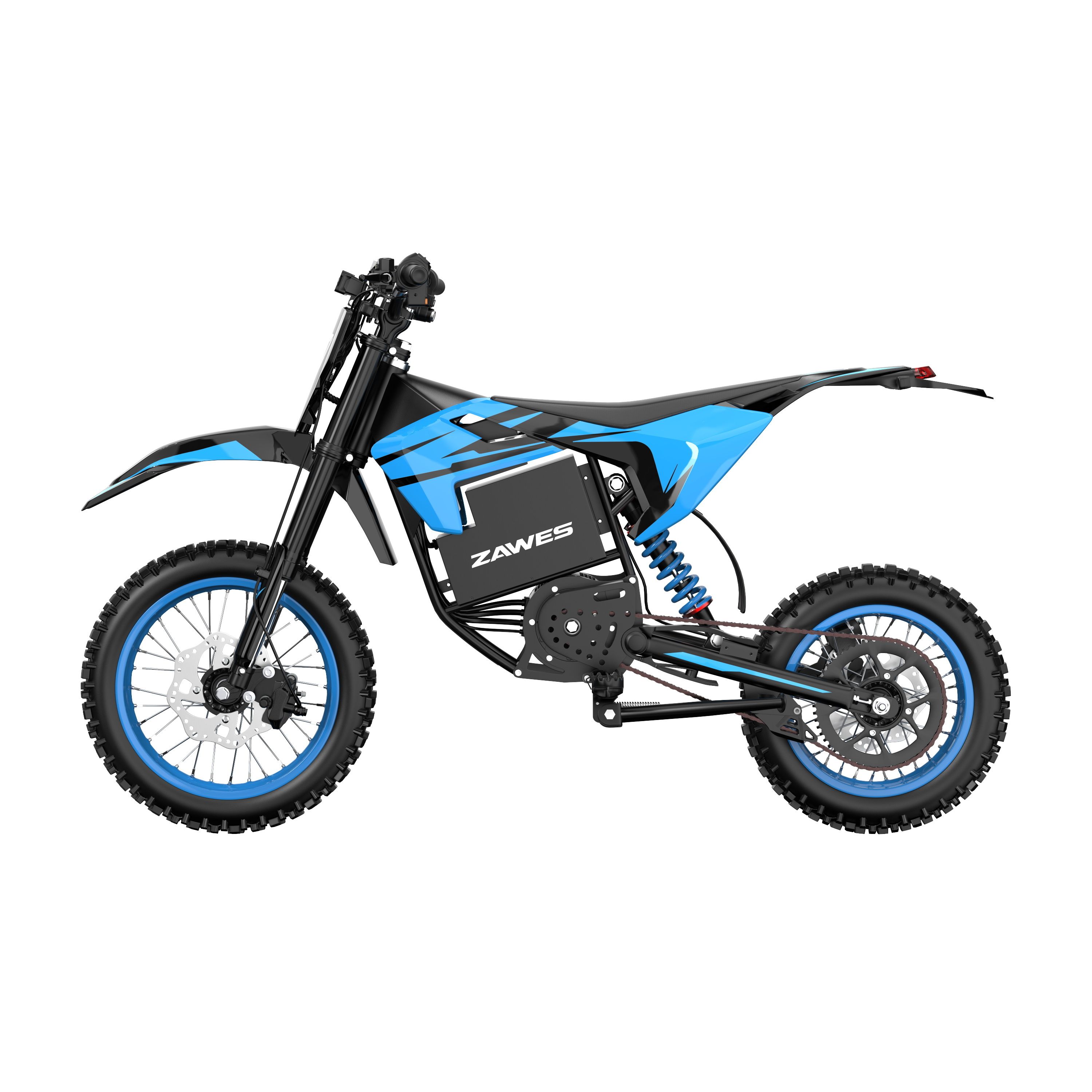 Elektro-Motocross-Motorrad, schwarz und blau. Blaue Felgen, schwarze Reifen. Marke "ZAWES" sichtbar.