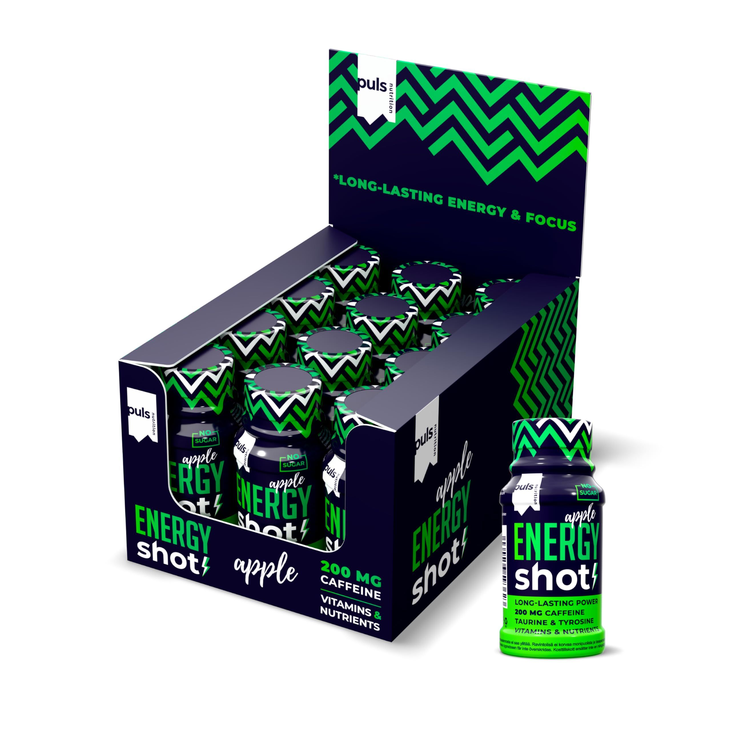 Puls Nutrition Energie Shots Apfel in einer Displaybox. Eine Flasche steht vorne.